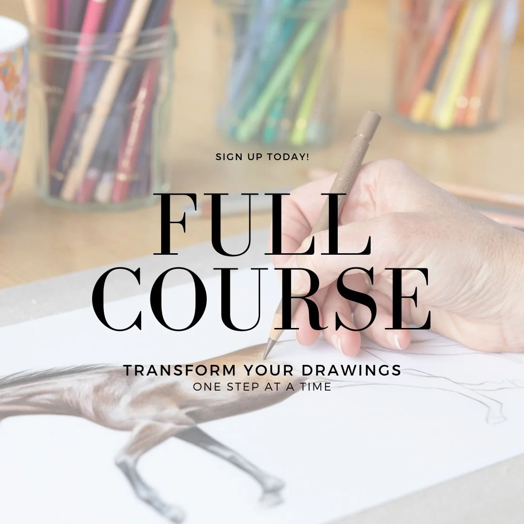Hand drawing a horse on paper, with a pencil, in an art studio with colored pencils in jars in the background.