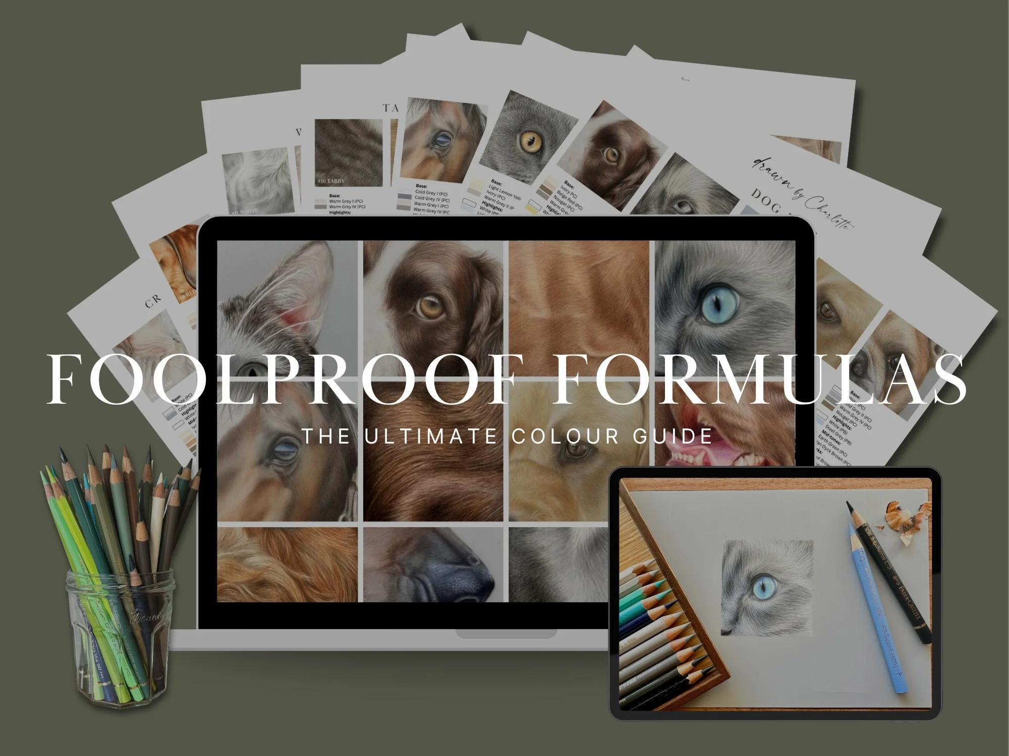 Cover of a color guide book featuring various dog fur and eye colors with text overlay promoting the guide.