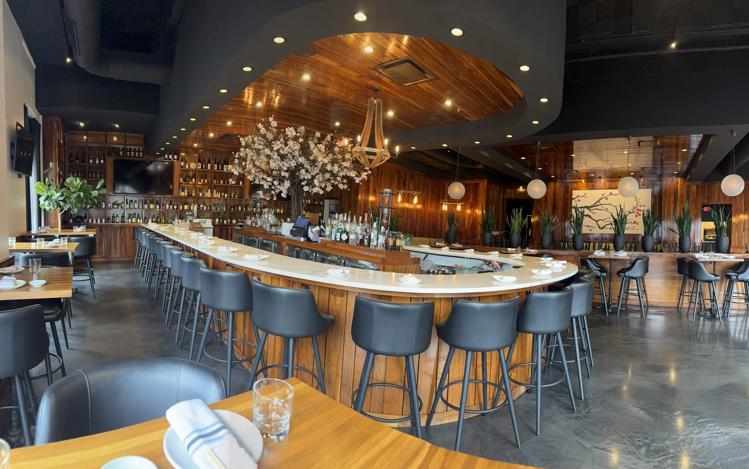 Modern restaurant interior with a curved bar, black chairs, wooden accents, shelves with bottles, a floral chandelier, large potted plants, and soft lighting.