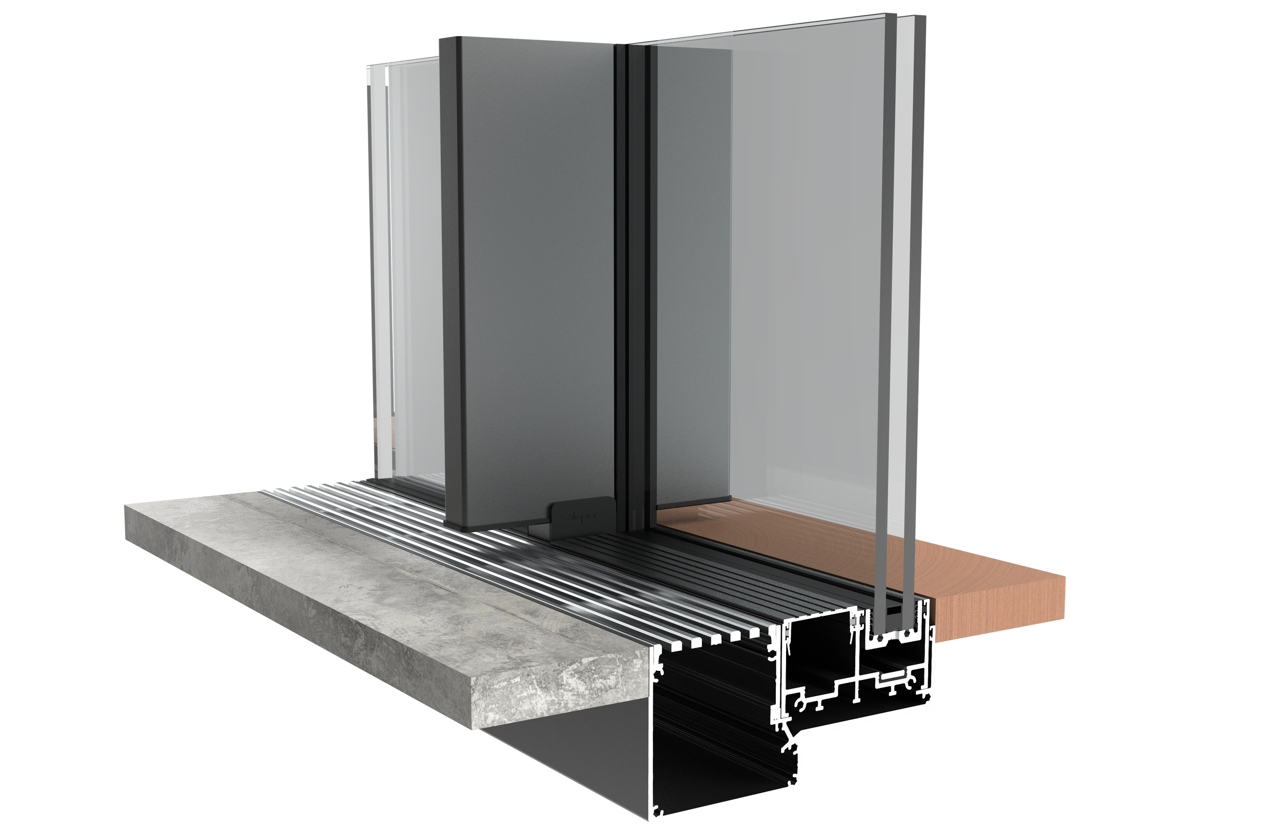 Cross-sectional digital rendering of a modern window installation, showing glass panels, black frame, and interior and exterior construction layers on a concrete and metal base.