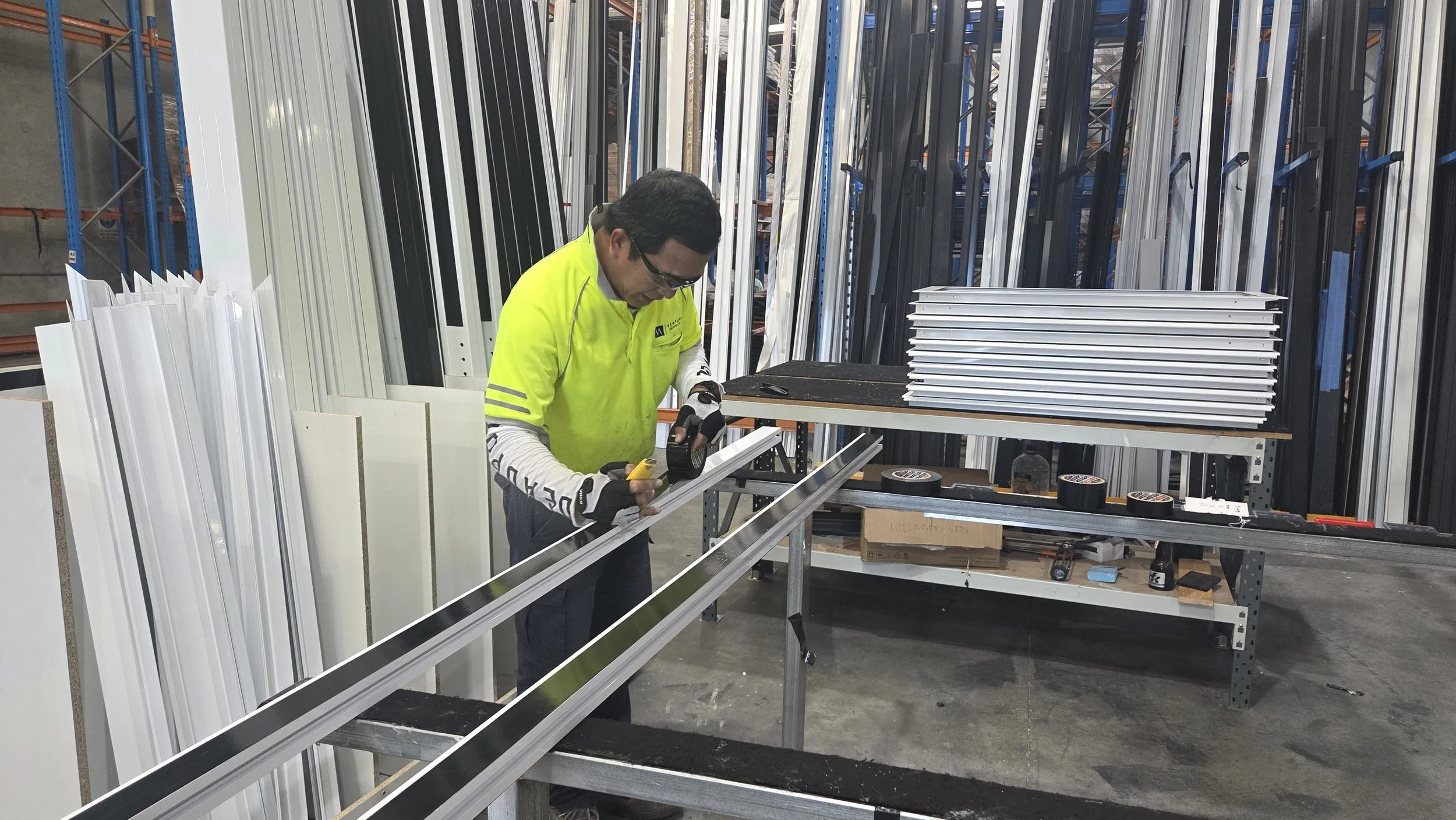 A worker wearing a neon yellow safety vest and gloves is measuring a long, white aluminum frame in a warehouse filled with similar aluminum frames and metal shelving.
