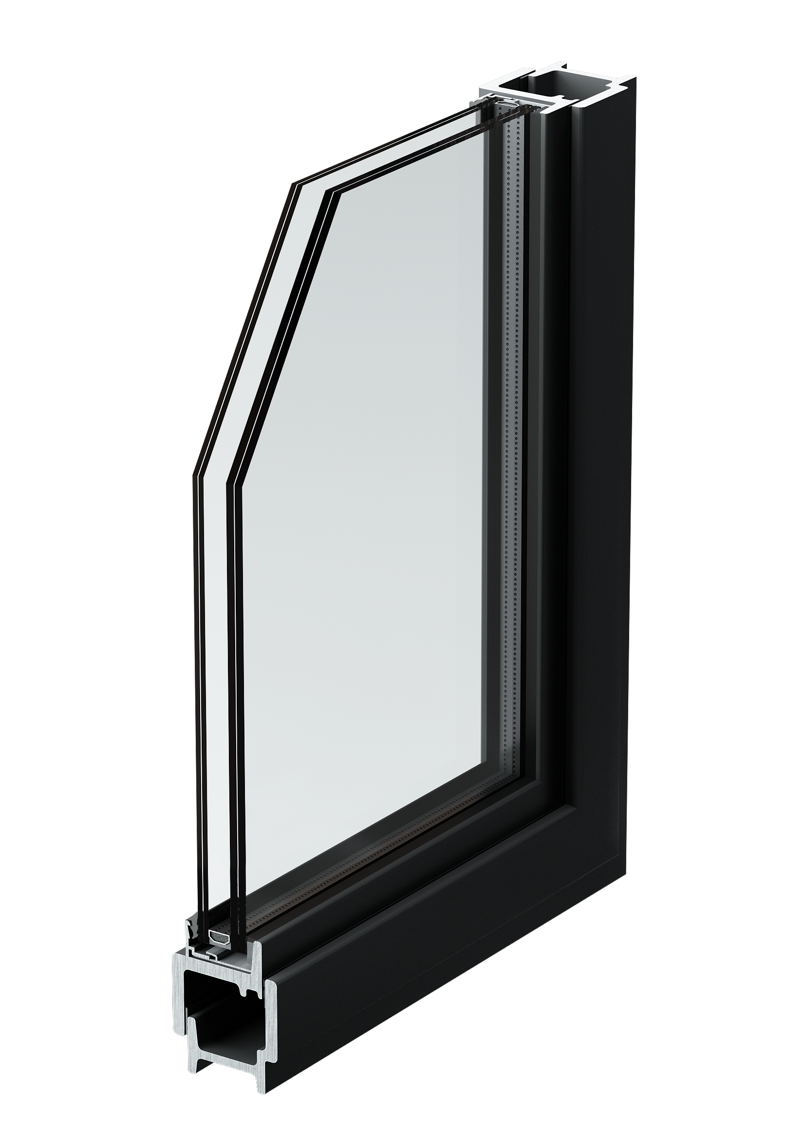 Close-up of a modern, double-glazed window with a black frame, shown against a black background.
