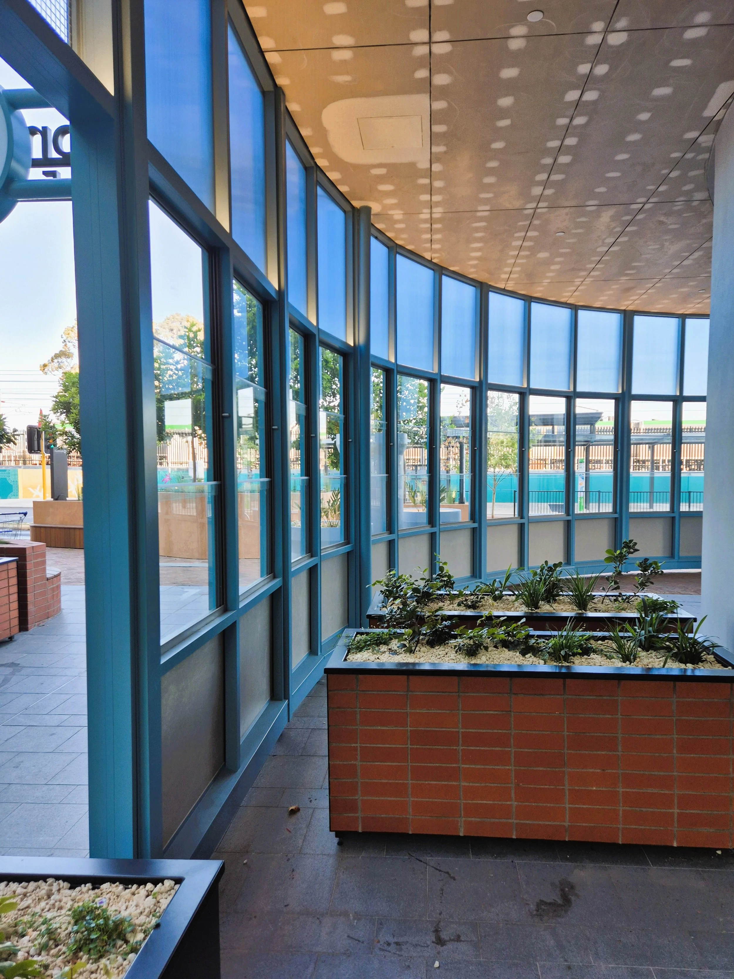 Indoor space with large blue window panels, potted plants in brick planters, and a ceiling with circular light reflections.