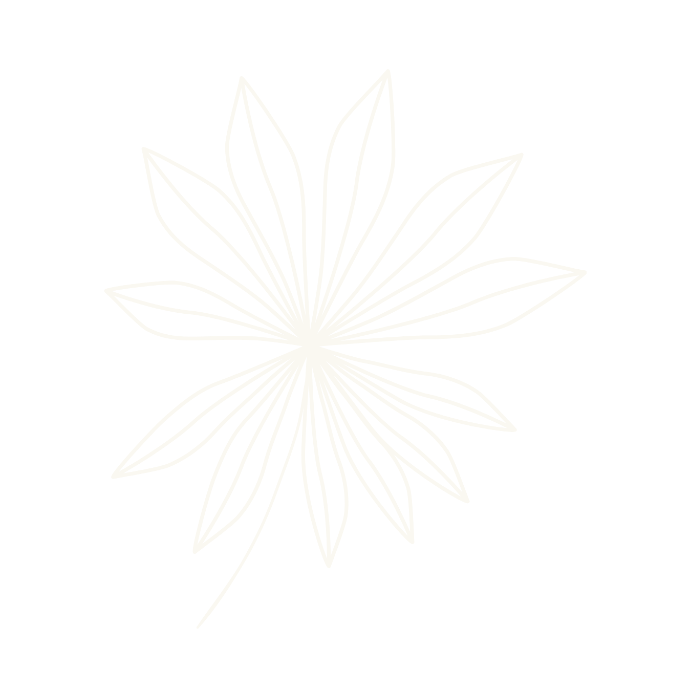 Line art image of a flower with multiple petals on a black background.