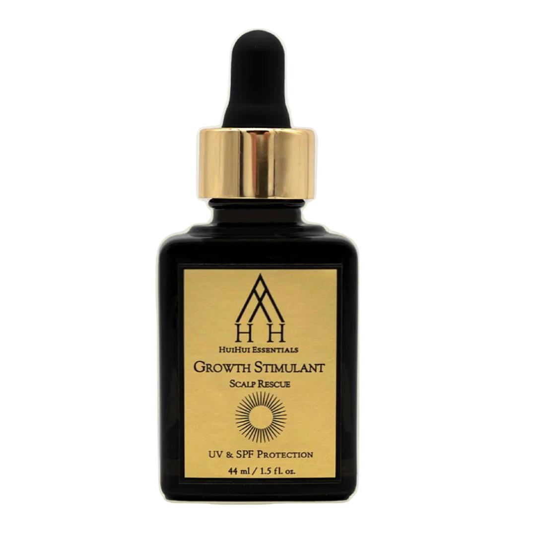 A black bottle with a gold cap containing HuLHiHu Essentials Growth Stimulant for scalp rescue with UV and SPF protection.