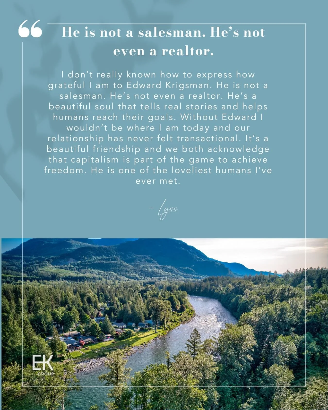 Kind words from a client whose story we have had the opportunity to share several times. From the Boho Sparkler floating home on Lake Union to the Rustic River House along the Skykomish River to searching for Pie Dive Bars, there has never been a dul