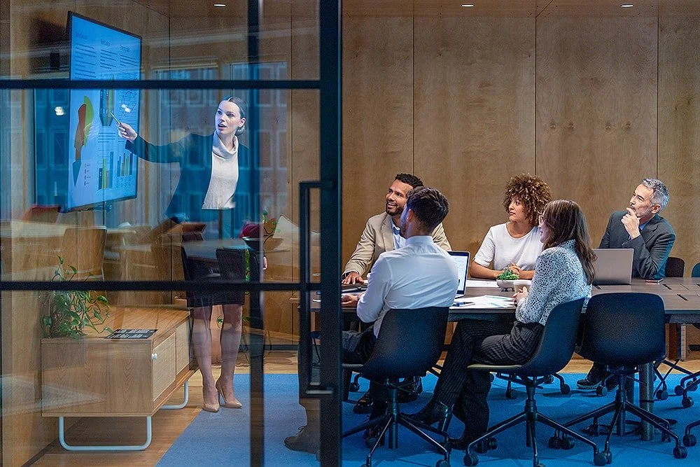 Female executive giving a boardroom presentation.