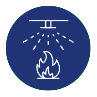Icon of a sprinkler going off above a fire.