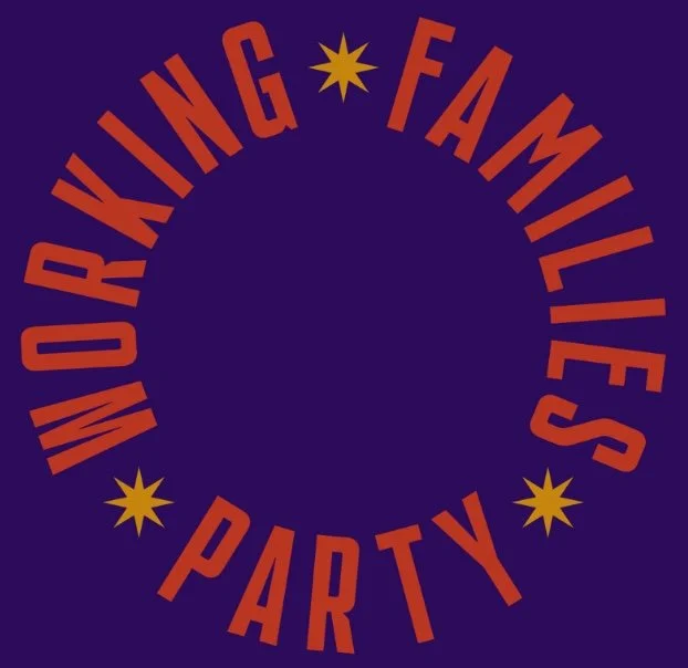 Text in a circular arrangement reading "MORNING FAMILY PARTY" on a purple background with yellow star symbols.
