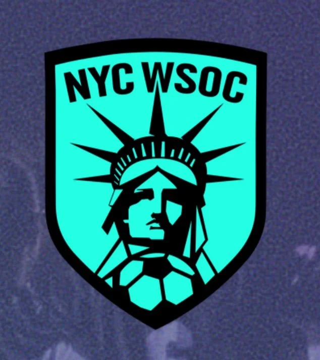 Logo with a teal background featuring a stylized Statue of Liberty with a soccer ball at its base, and the text 'NYC WSOC' at the top.