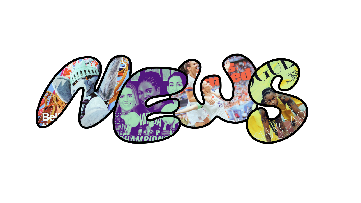 A stylized word 'News' filled with images of women's sports players, sports scenes, and a protest, symbolizing empowerment and participation.