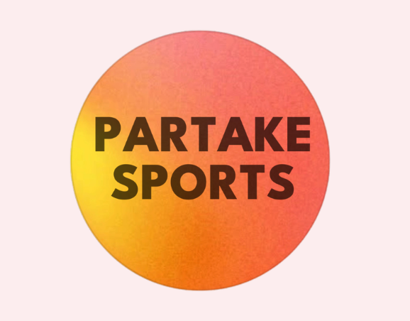 A circular logo with a gradient from yellow to pink and the text 'PARTAKE SPORTS' in bold black letters in the center.