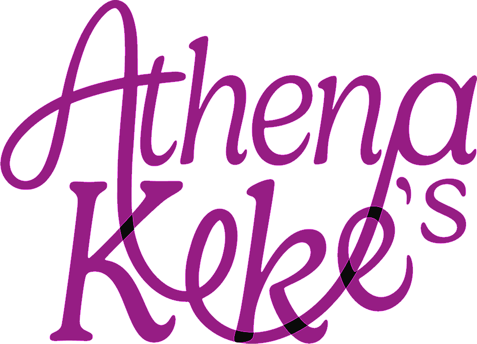 Purple text that says 'Athenas Keke's' on a black background.