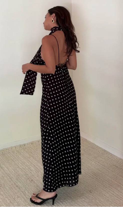 Polka Dot Print Chiffon Maxi Dress with Scarf — Belo Salon & Blow Dry Bar
