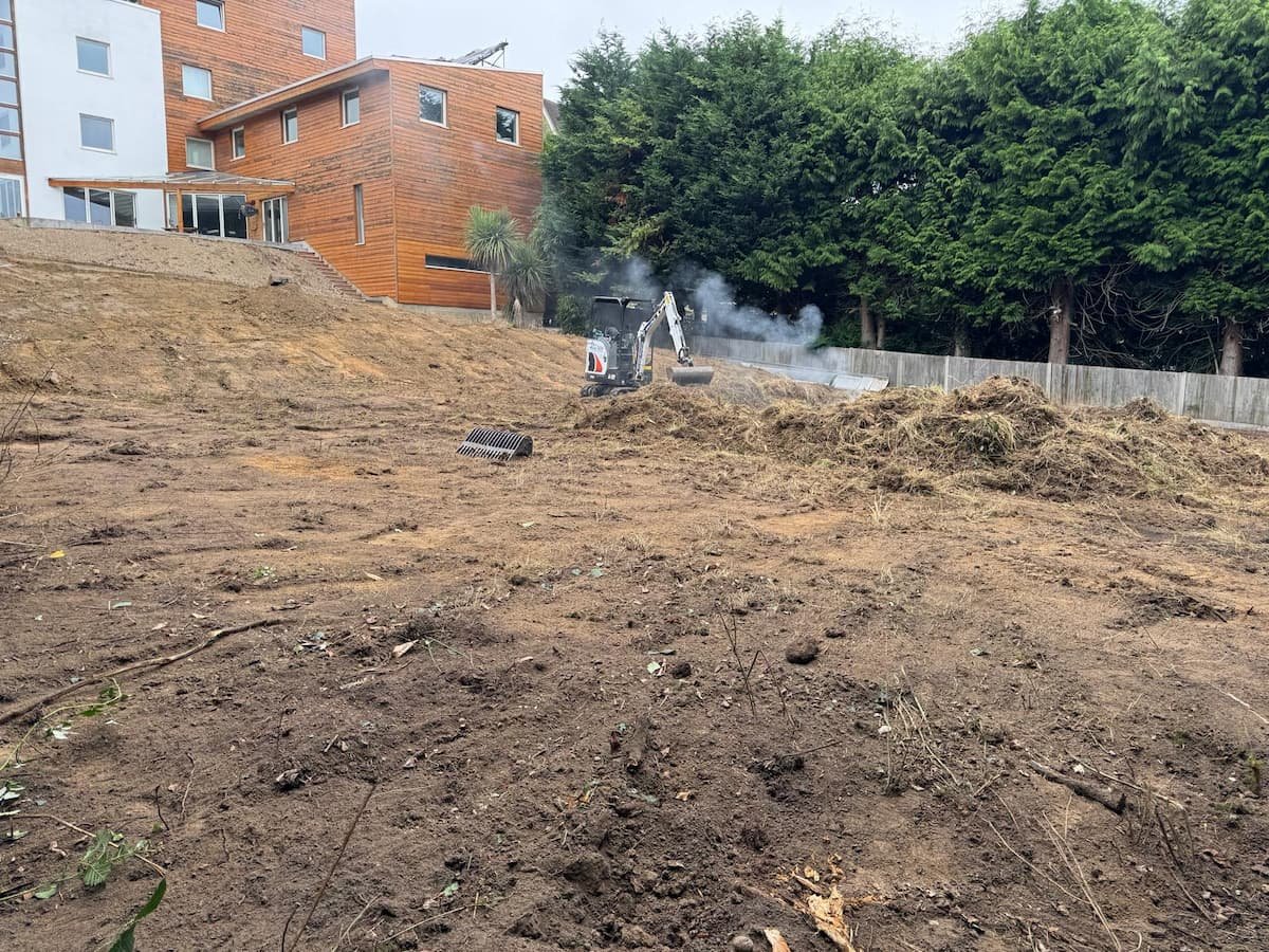 Heavy clearance underway with overgrowth removed and soil exposed by the excavator.