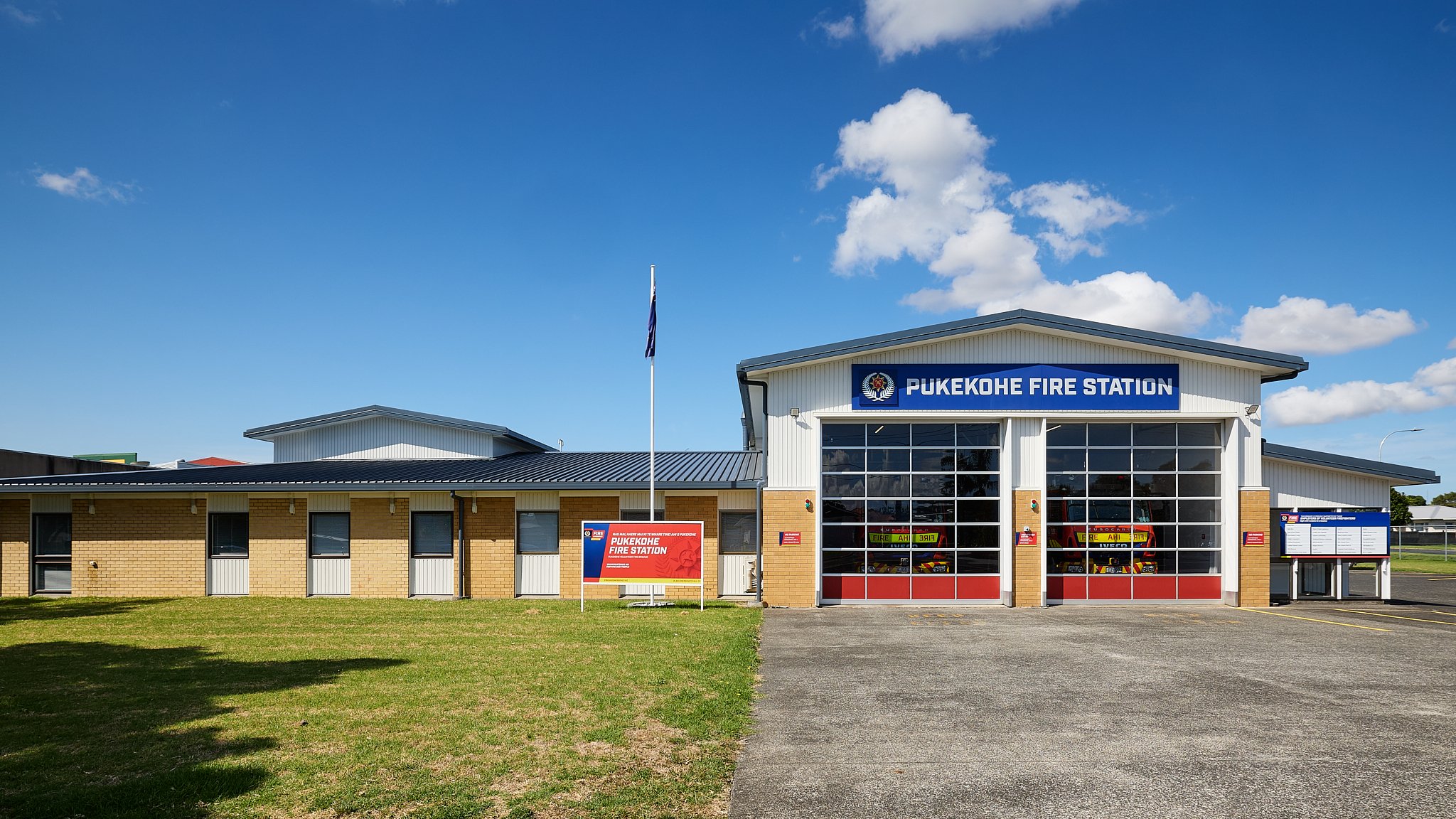 fire station building named Pukekohe Fire Station, Exterior view of modern Auckland architecture designed by Architecto