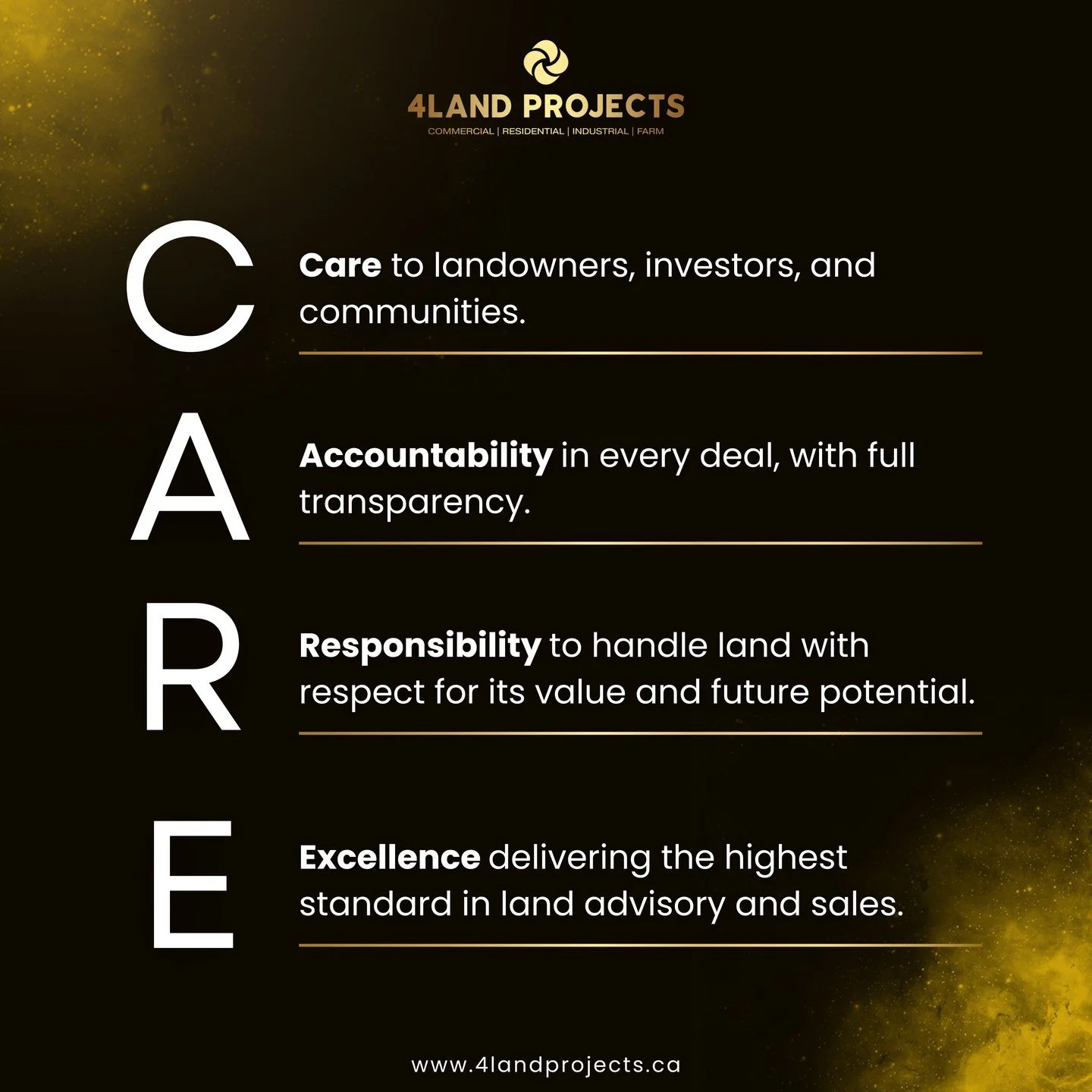 C.A.R.E. is more than words — it’s how we do business.
🔹 Commitment – to landowners, investors, and communities.
🔹 Accountability – in every deal, with full transparency.
🔹 Responsibility – to handle land with respec