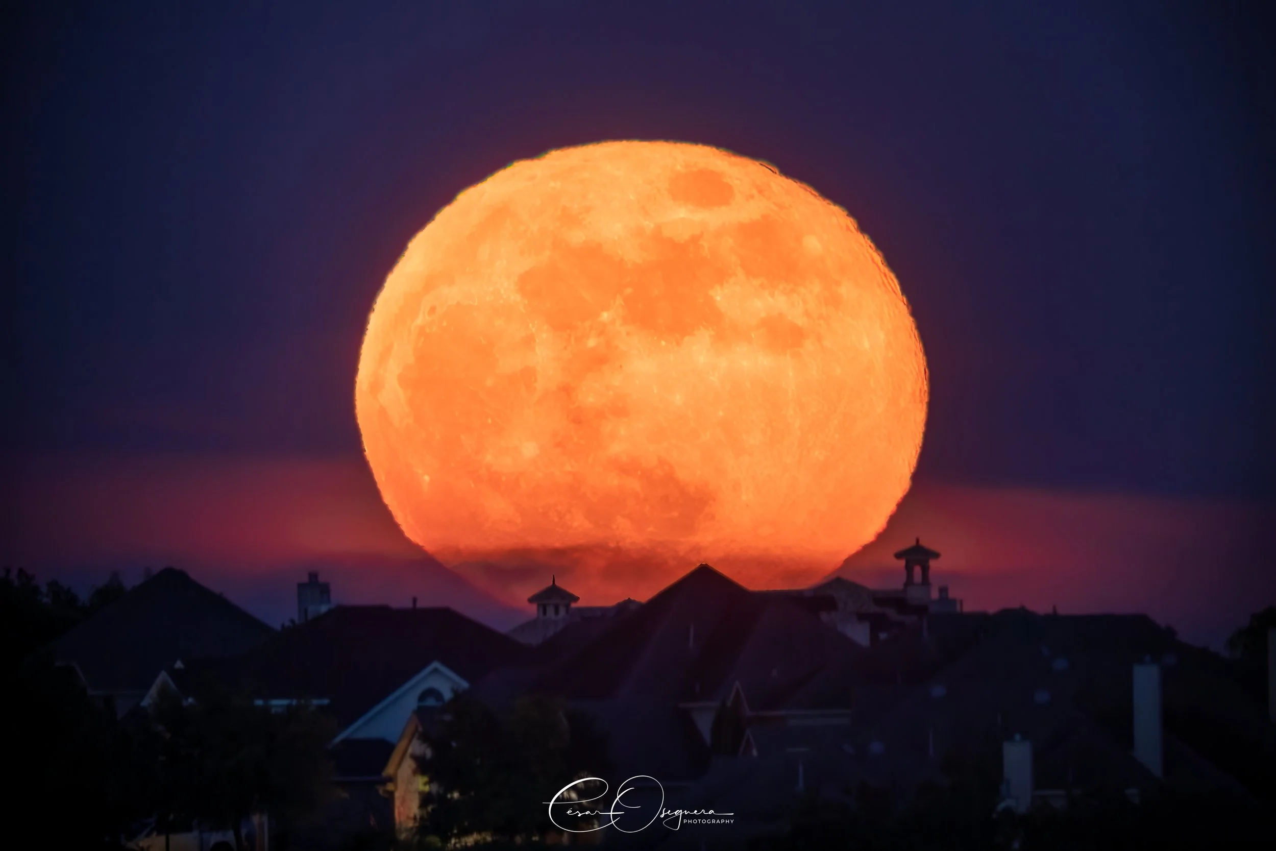 Large full moon with an orange hue rising over a neighborhood with dark silhouettes of houses and trees.