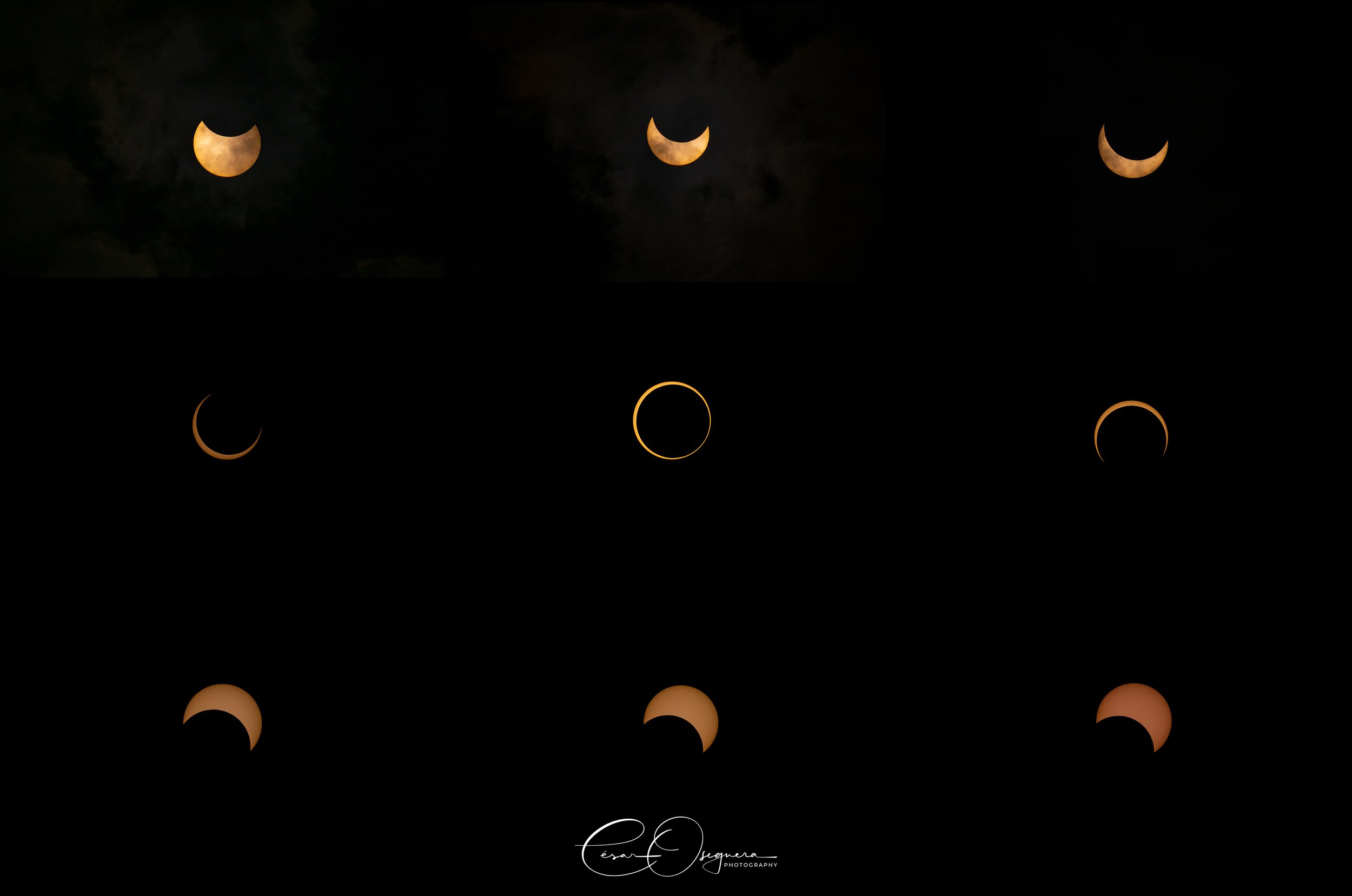 Sequence of images showing various phases of a lunar eclipse, including partial and total eclipse stages with a crescent moon, ring, and reddish moon, against a dark sky.