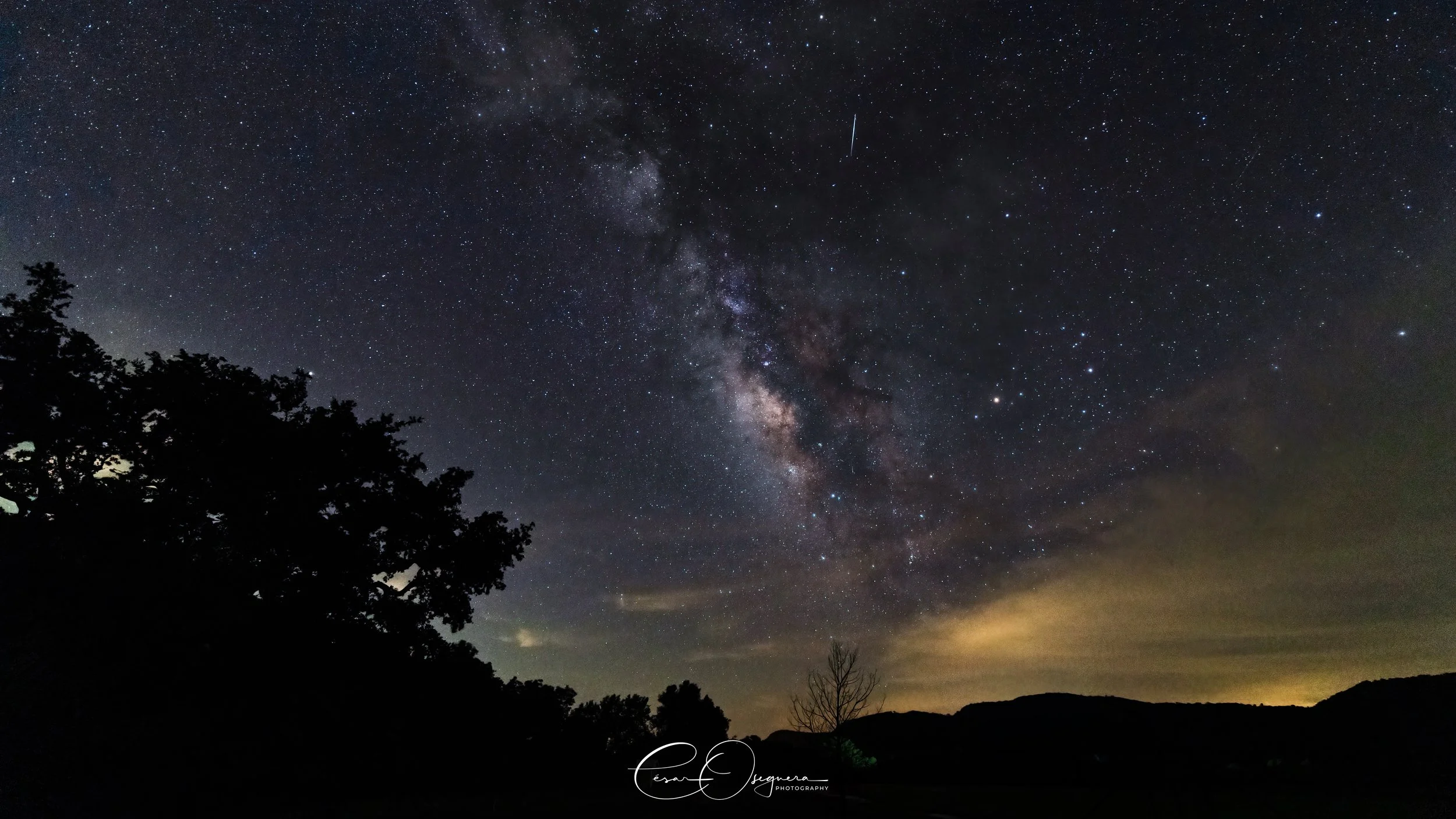 Night sky filled with stars, the Milky Way galaxy visible overhead, silhouetted trees and mountains in the foreground.