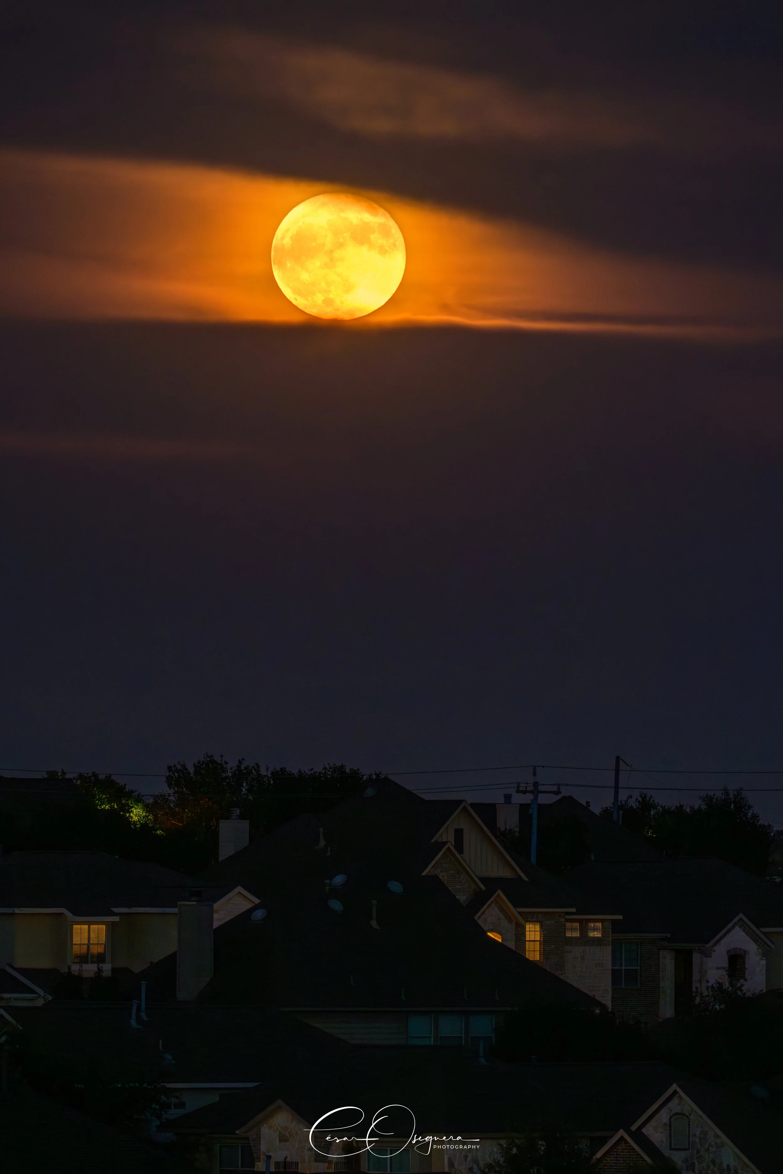 Nighttime scene with a large, bright full moon in the sky above silhouetted houses.