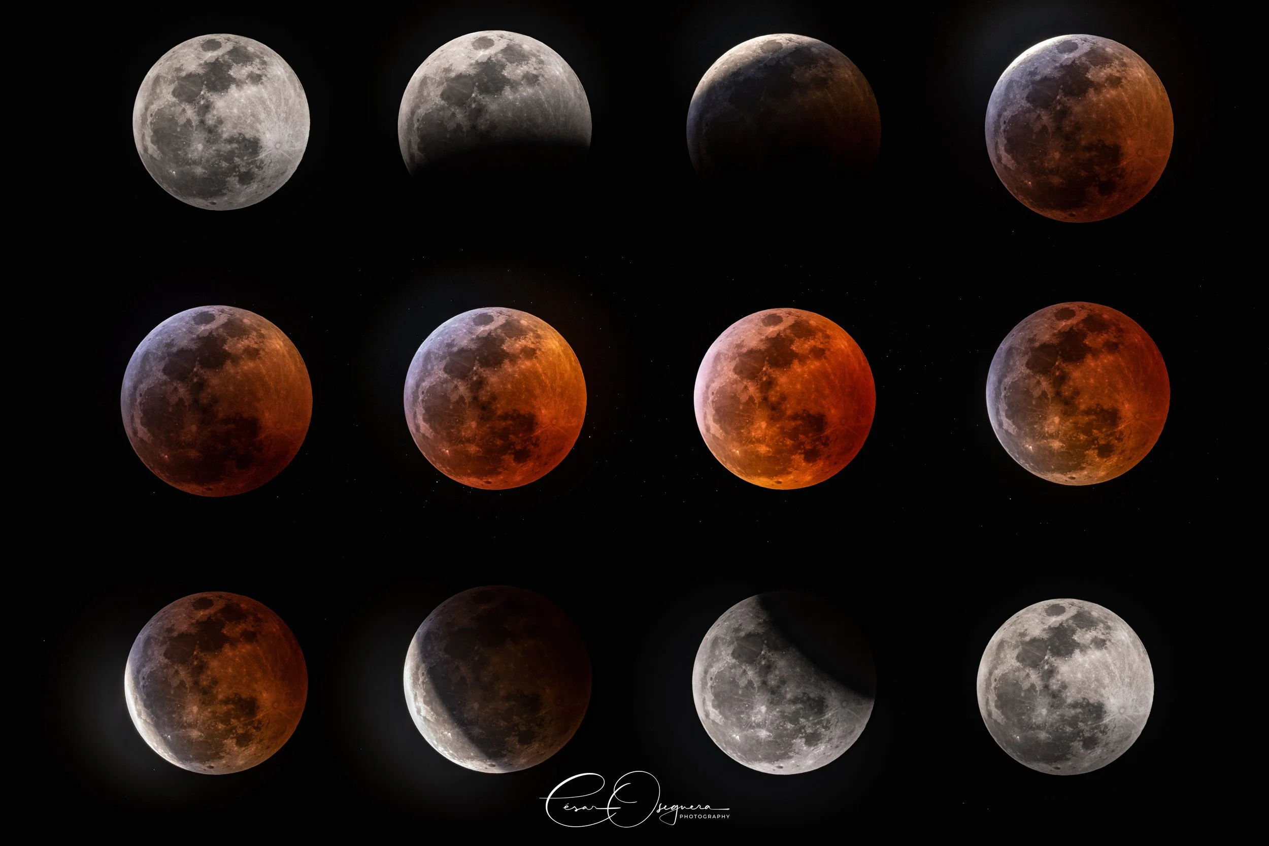 Sequence of images showing the phases of the lunar eclipse, from full moon to blood moon and back to full moon.