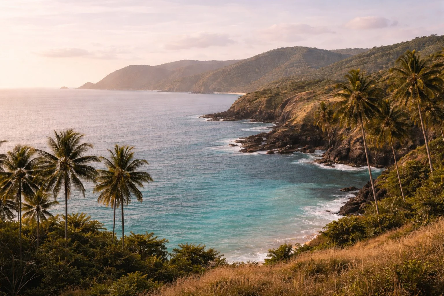 Coastal landscape in southern Lombok with turquoise water and rugged cliffs