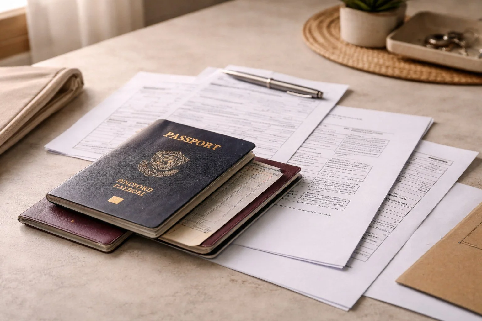 Passport and travel documents spread across a table, ready for an Indonesian visa application to Lombok