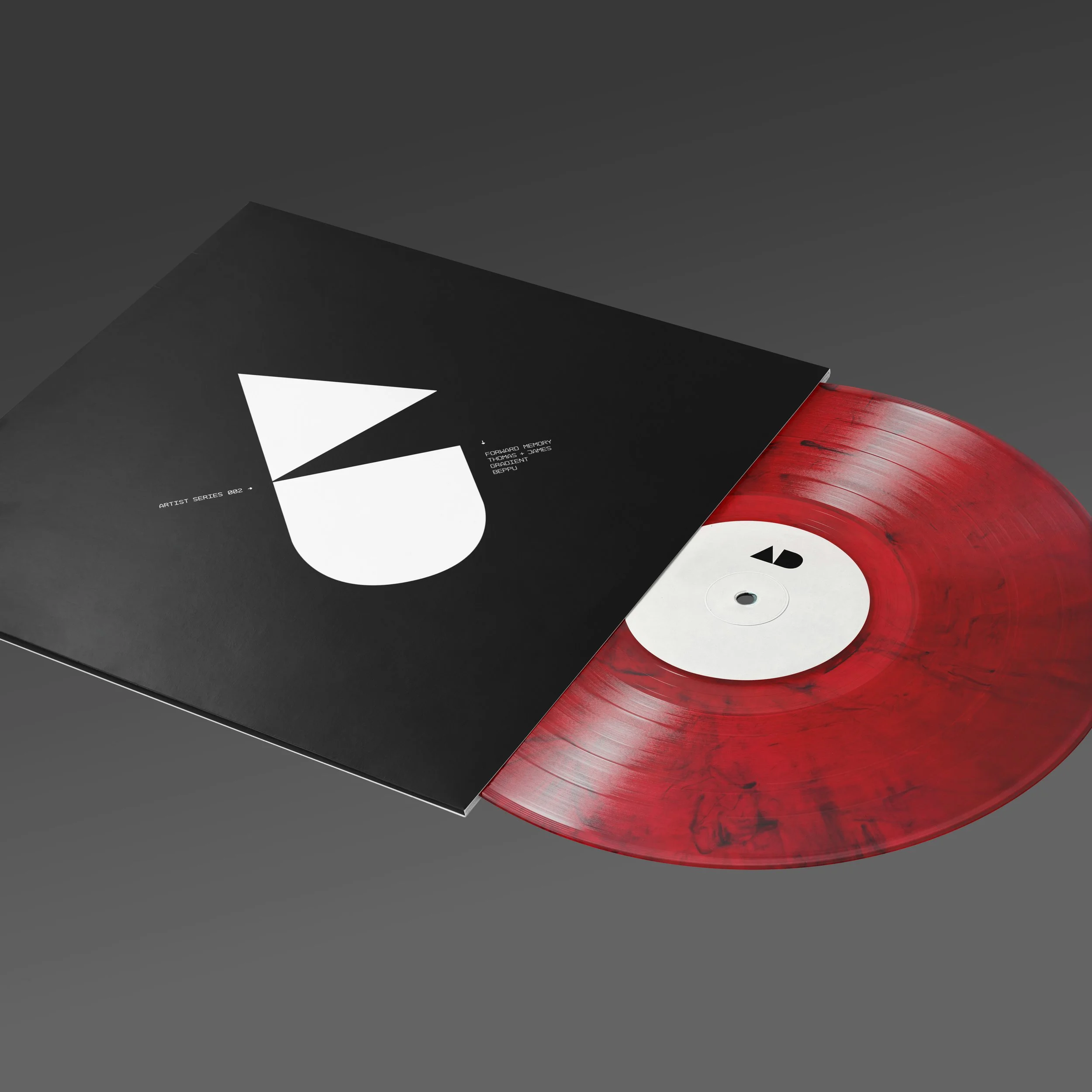 Red vinyl record partially pulled out from black album cover with white and black graphics