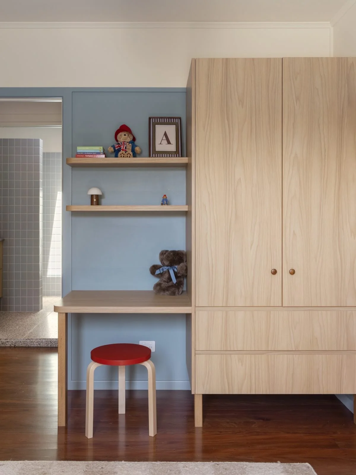 Oh, the places you&rsquo;ll go!&nbsp;💙 @duluxaus Clouded Sky is the sweetest blue for a bouncing baby boy,&nbsp;while the joinery moment&nbsp;feels just as relevant for cute bits and bobs now as it will for a happy little student one day. It might j