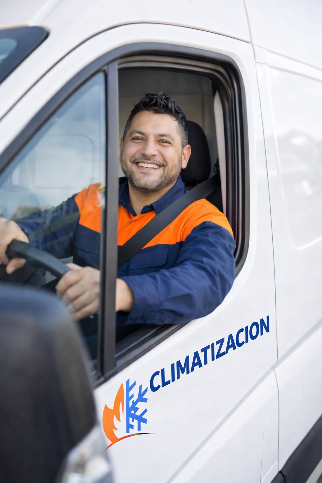 Hombre feliz conduciendo una camioneta de servicios de climatización, viste uniforme azul y naranja, sentado en el asiento del conductor y sonriendo a la cámara.