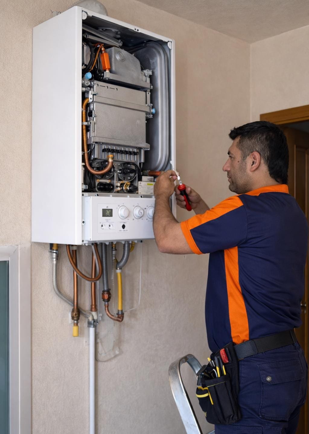 Un técnico realiza mantenimiento a una caldera de gas en una pared interior.