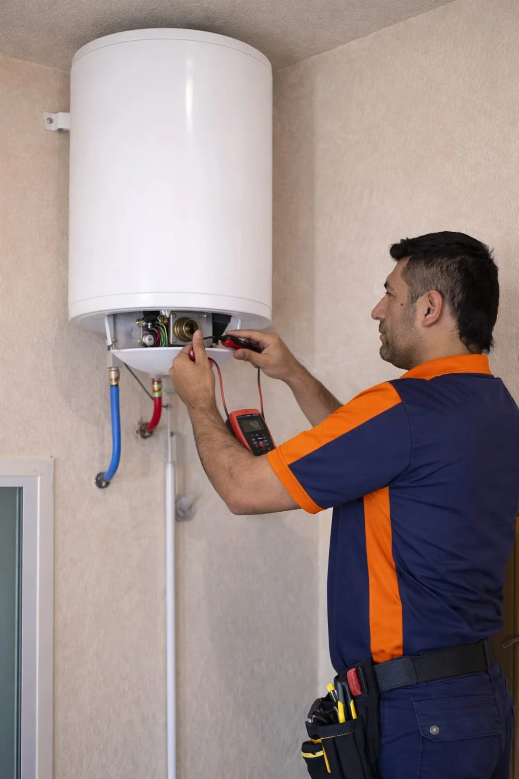 Un técnico revisa un calentador de agua eléctrico montado en la pared con herramientas y un multímetro en mano, en un ambiente interior.