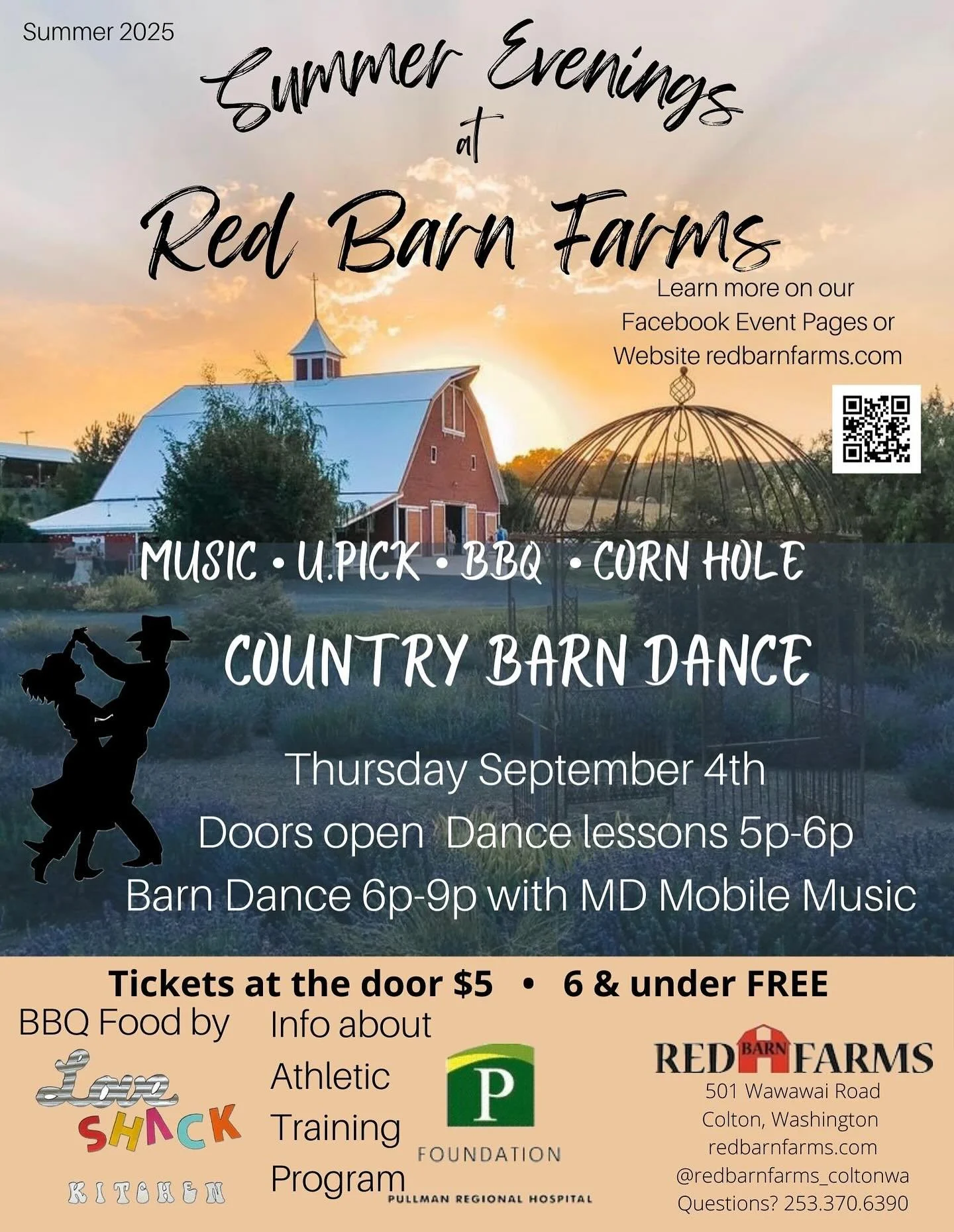 A few notes for the Country Barn Dance!

🎟️ Red Barn Farms and Love Shack are taking cash or card. 

🌽 Corn Hole, scavenger hunts, best dressed for country barn dance! 

🐶 Please let your fur babies at home.

🤍All ages are welcome!

🥤There will 