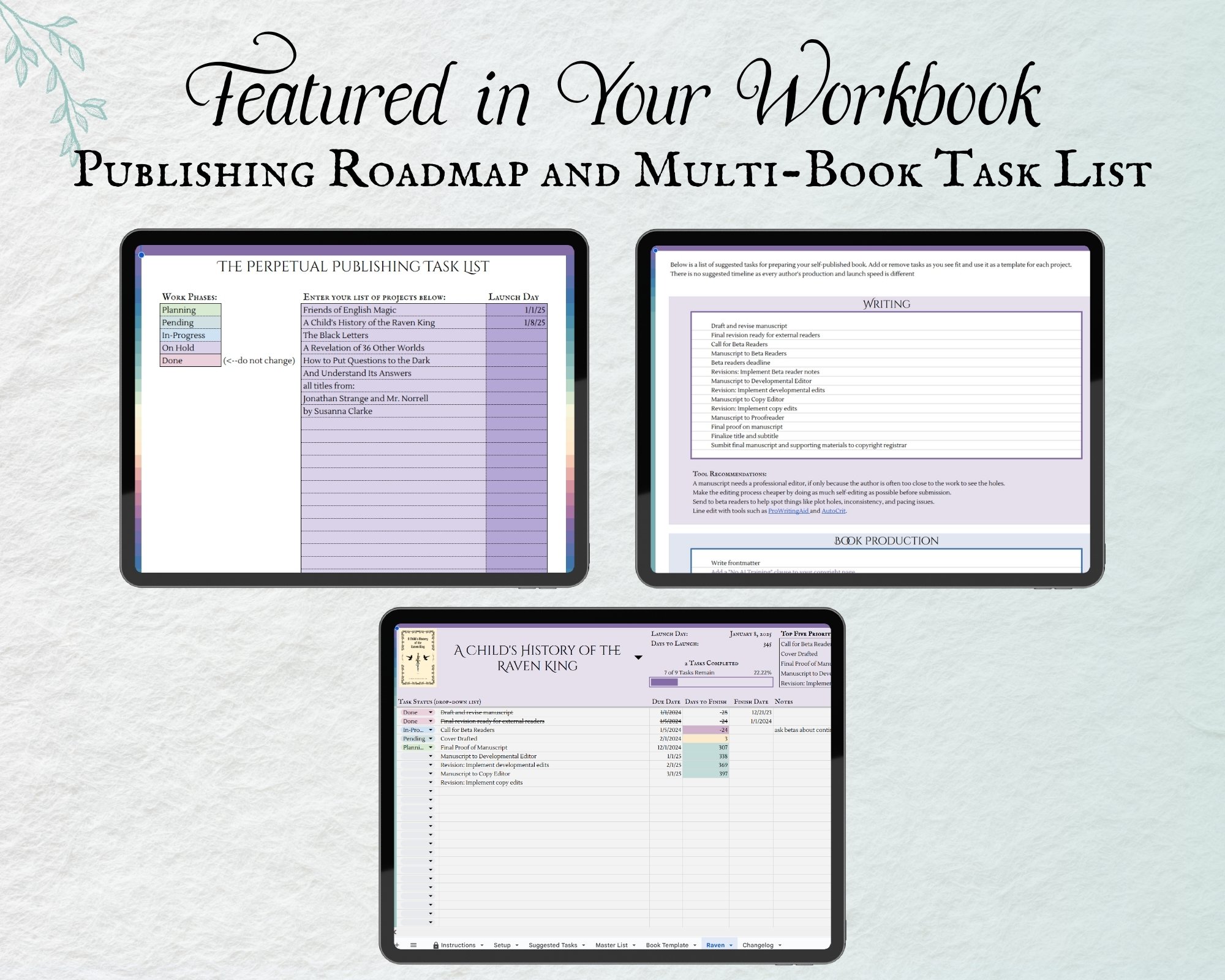 includes book launch roadmap and multi-book task list