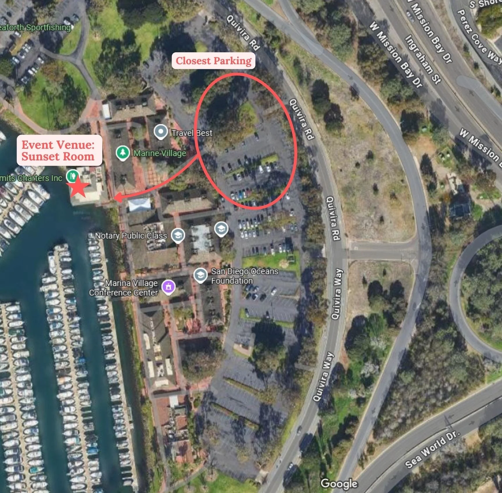 Aerial view of Marina Village area showing Event Venue Sunset Room marked with a red star, closest parking area circled in red, and surrounding roads and buildings.