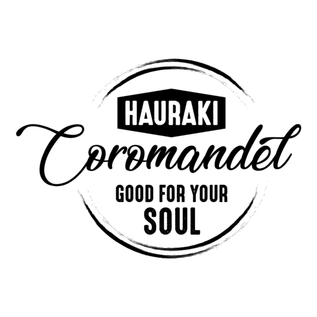 Black and white logo featuring the words "Hauraki Cromandel" and the phrase "Good for your soul" with decorative circular design.