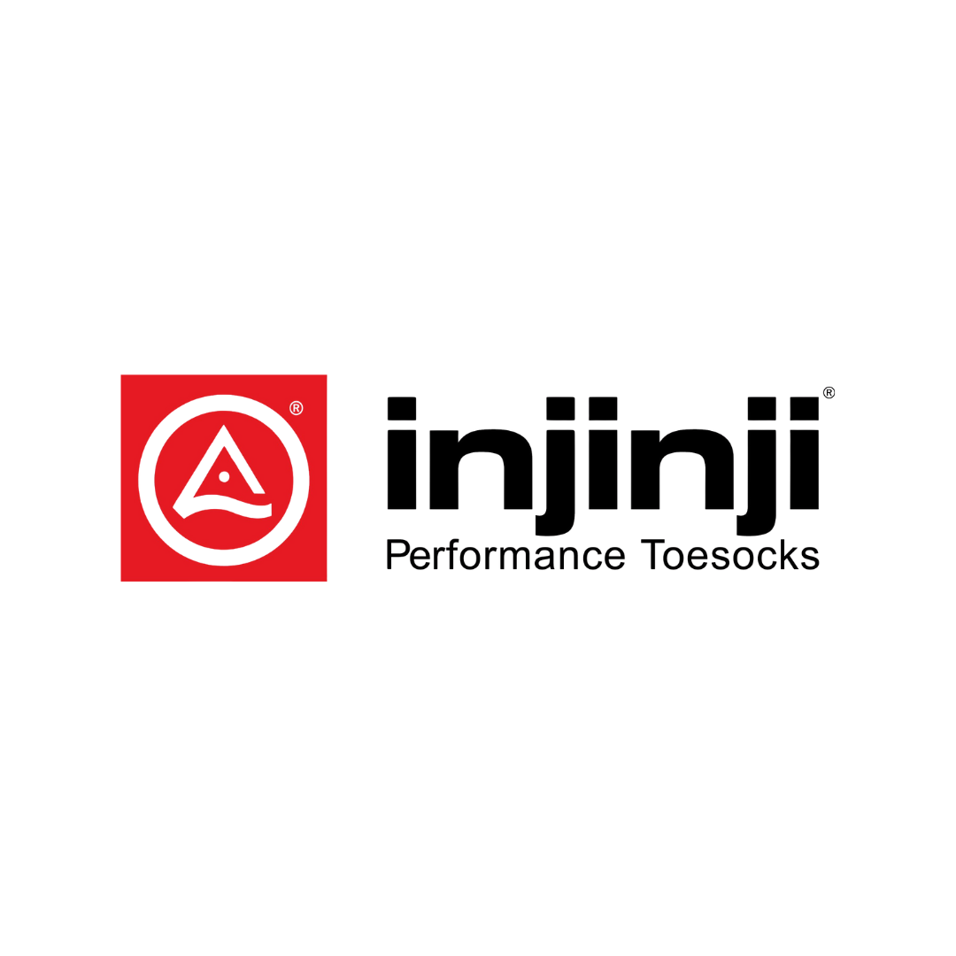 Logo of Injini Performance Toesocks featuring a red square with a white abstract symbol inside and bold black text reading 'injini' with smaller text 'Performance Toesocks' underneath.