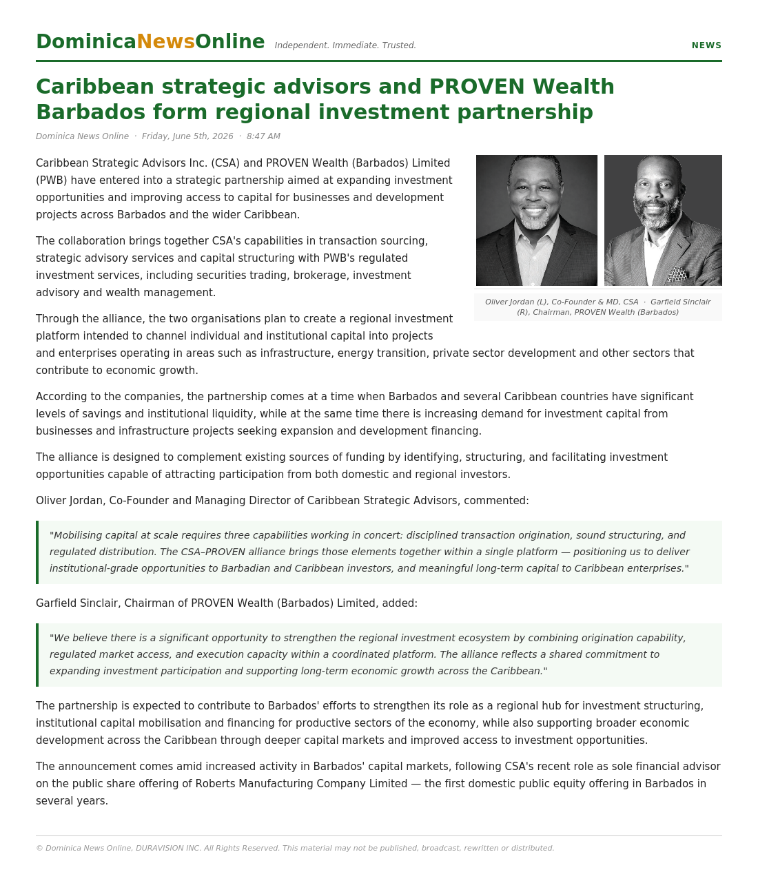 Caribbean Strategic Advisors and PROVEN form alliance