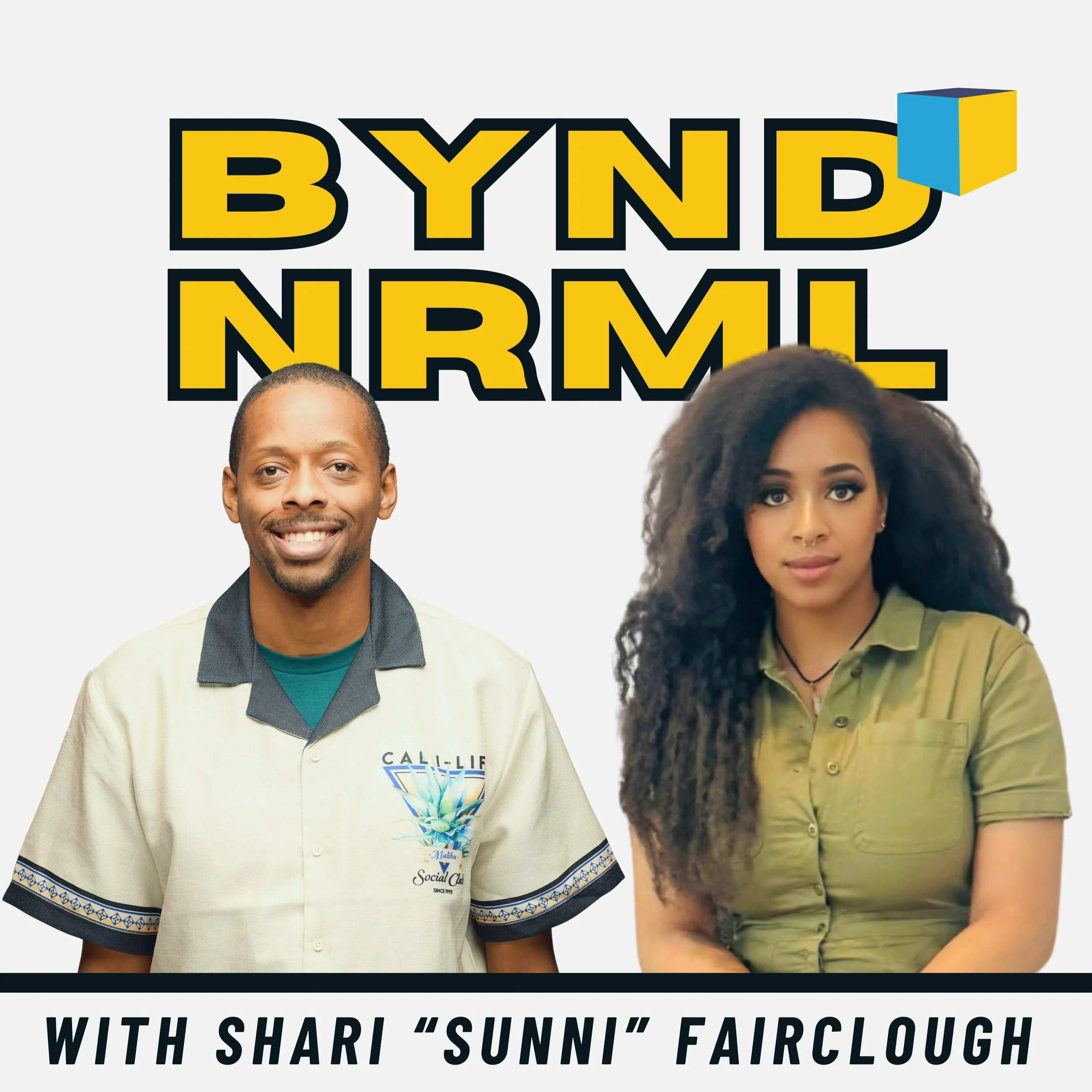People standing in front of the 'BYND NRML' logo, which features a yellow and blue cube, during a social event or conference.