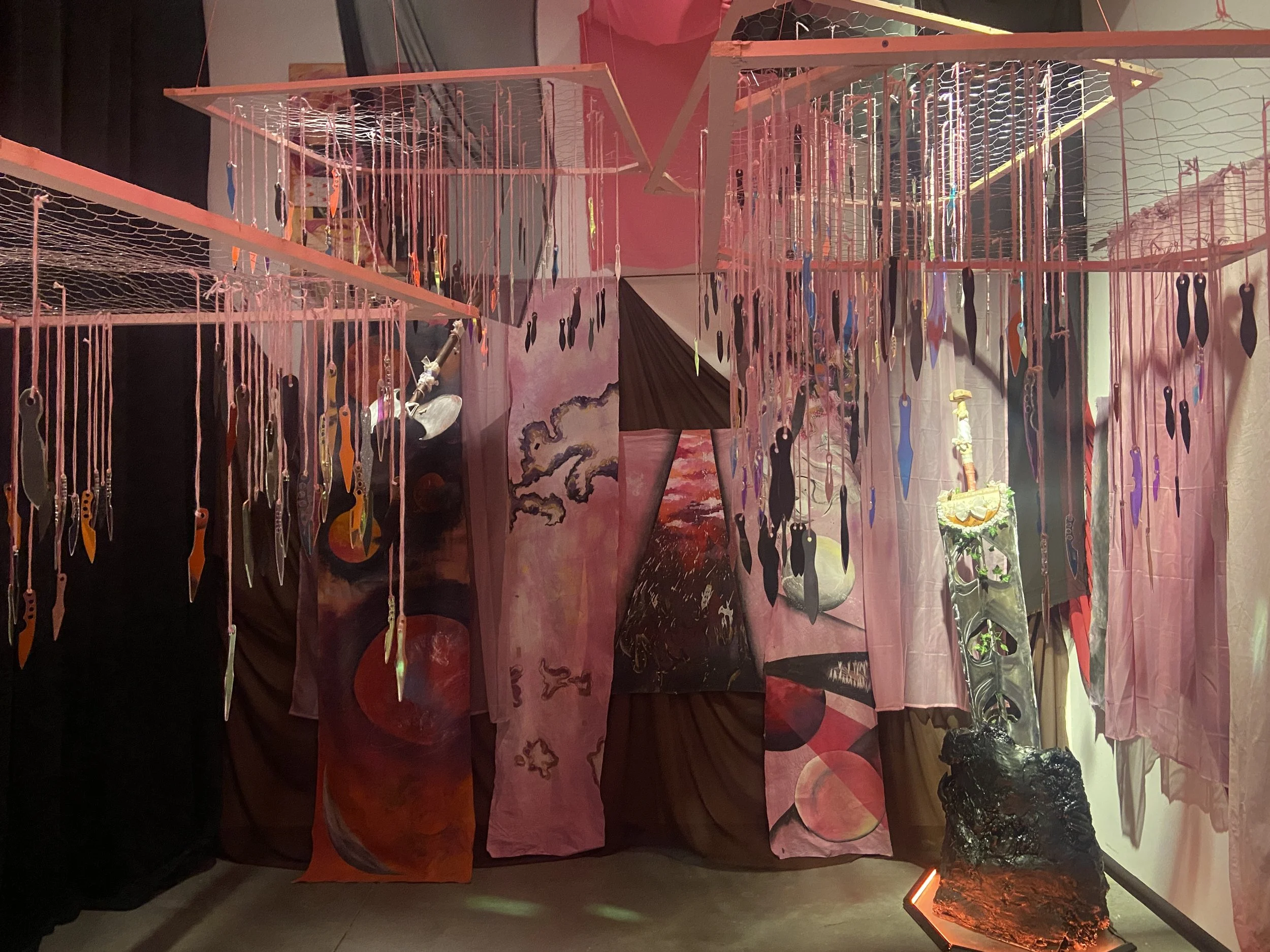 Cynthia Nathan, The Space That Holds Us: Built from Memory, Fear, and the Hope of Something Softer, 2023-2025; Multimedia Installation: Acrylic Paint on Muslin, Spray Paint, Glitter, Glitter Glue, Gold Leaf, Silver Leaf, Liquid Gold Leaf, Broken Mirr