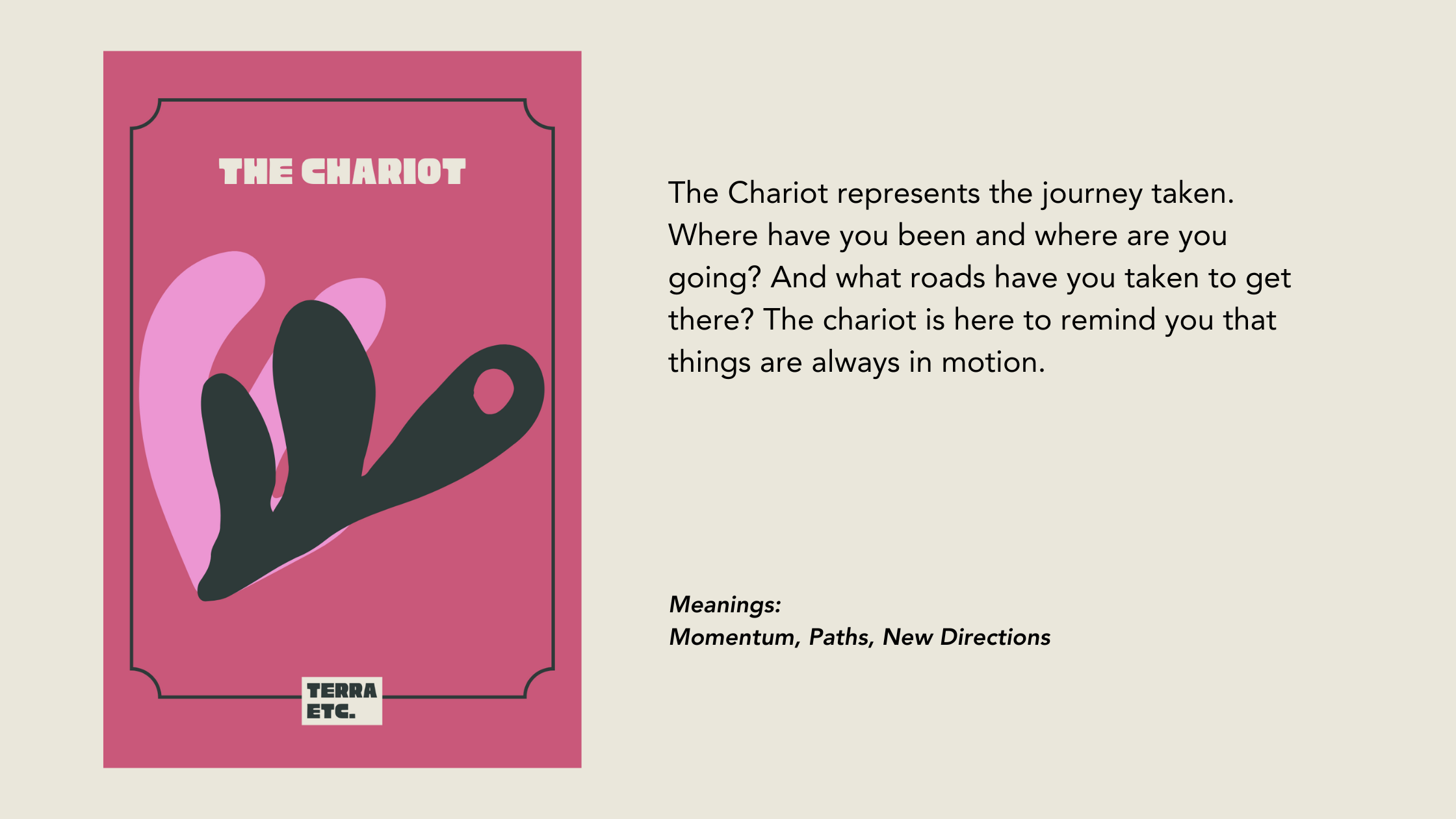 An illustrated card titled 'The Chariot' with abstract shapes in black, pink, and purple on a pink background. To the right, there is a description about the symbolism of The Chariot in a softer, beige background.