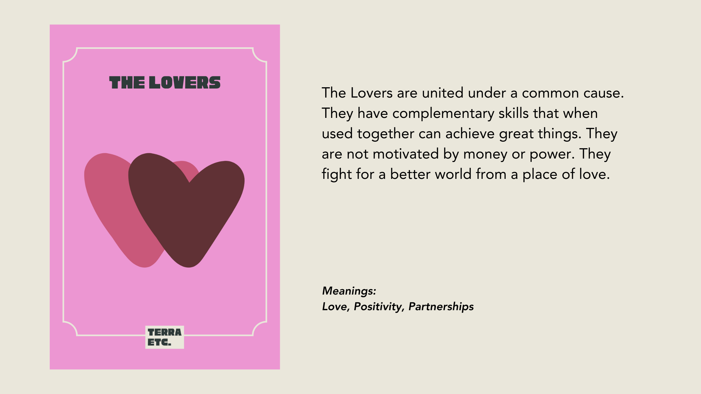 A pink card titled 'The Lovers' with three overlaid hearts in dark pink, medium pink, and black on a light background. To the right, a description explains that The Lovers symbolize love, positivity, and partnerships, emphasizing unity, shared skills