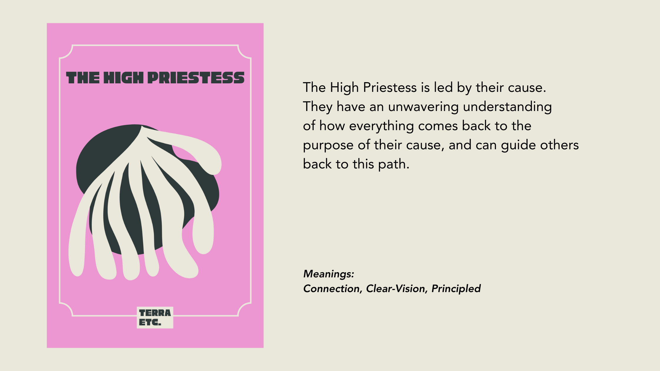 An illustrated card with a black circle and white tentacle-like lines, labeled 'The High Priestess' in bold black text on a pink background, with a description of the card's meaning on the right side.