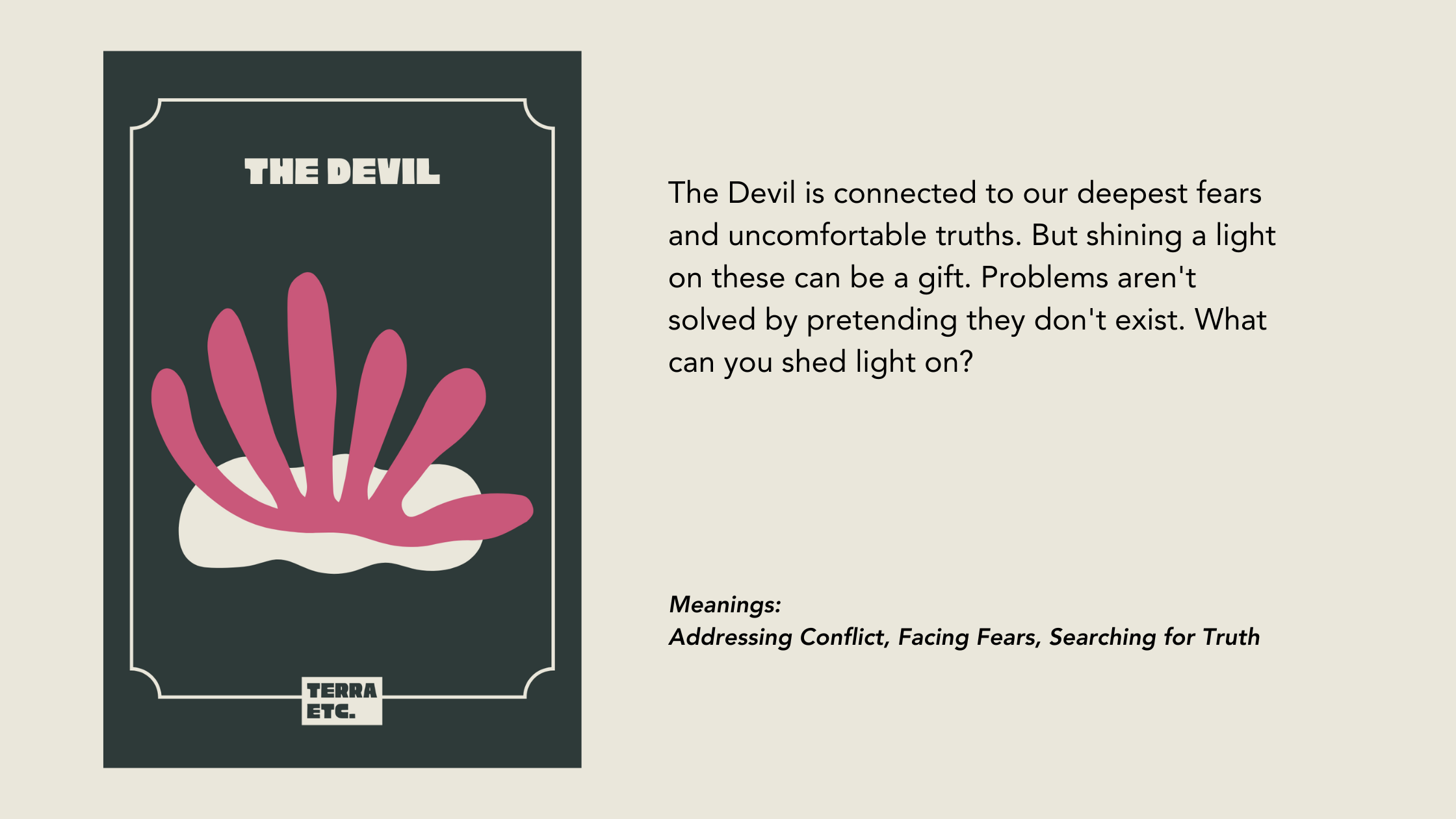 Book cover titled 'The Devil' with a stylized illustration of pink flames or devil horns over a red background. The cover includes the publisher 'Terra Etc.'