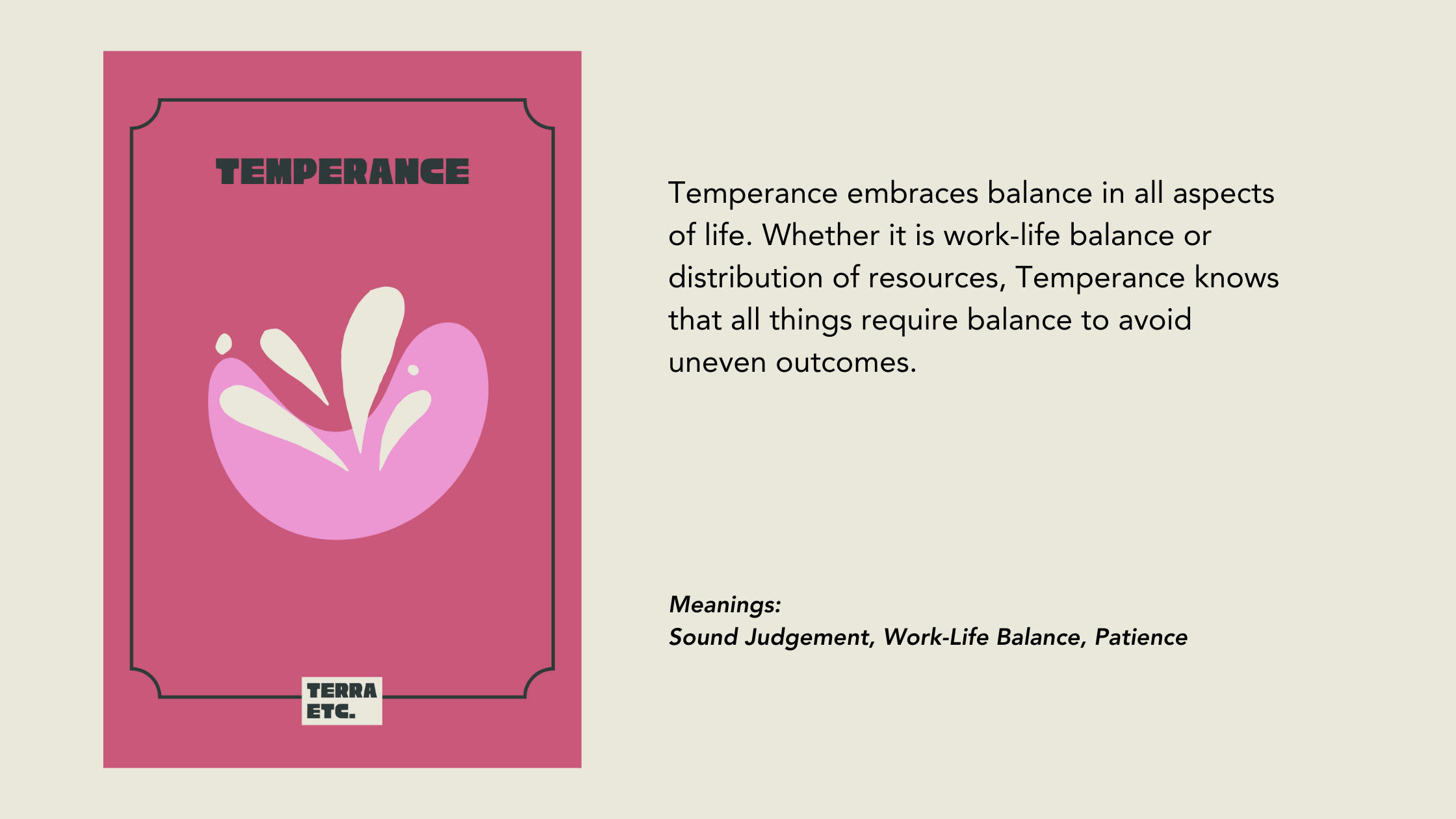 A pink card with a white and purple abstract design and the word 'Temperance' at the top. Next to the card, the text explains that Temperance embraces balance in life and resources, emphasizing the importance of balance to avoid uneven outcomes, with