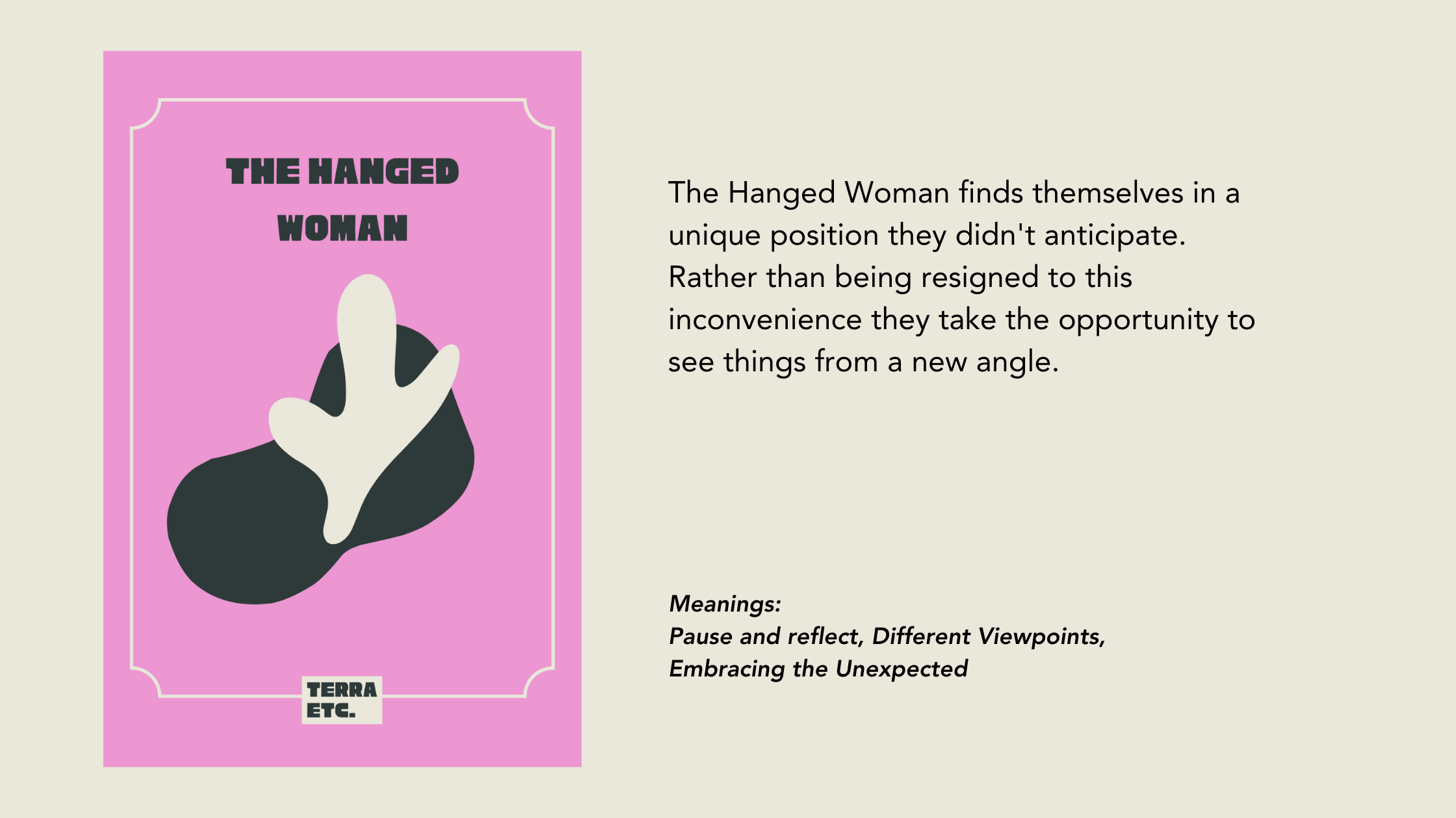 Book cover titled "The Hanged Woman" with an abstract illustration of a hand hanging from a dark shape on a pink background. Accompanying text describes the book's theme of finding new perspectives and embracing the unexpected.
