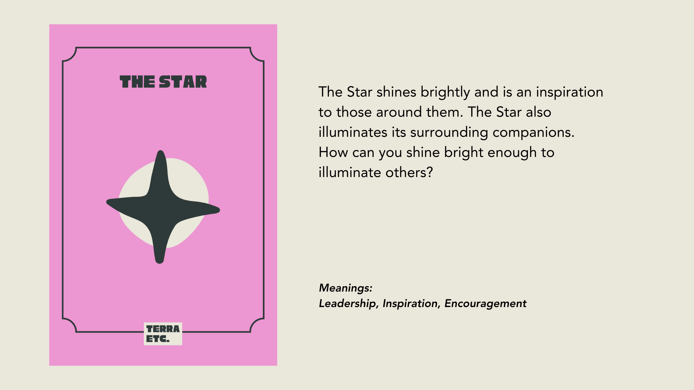 A pink card with a black compass rose symbol, titled 'The Star', with text explaining it symbolizes inspiration, leadership, and encouragement, and mentioning its connection to guiding like a star.