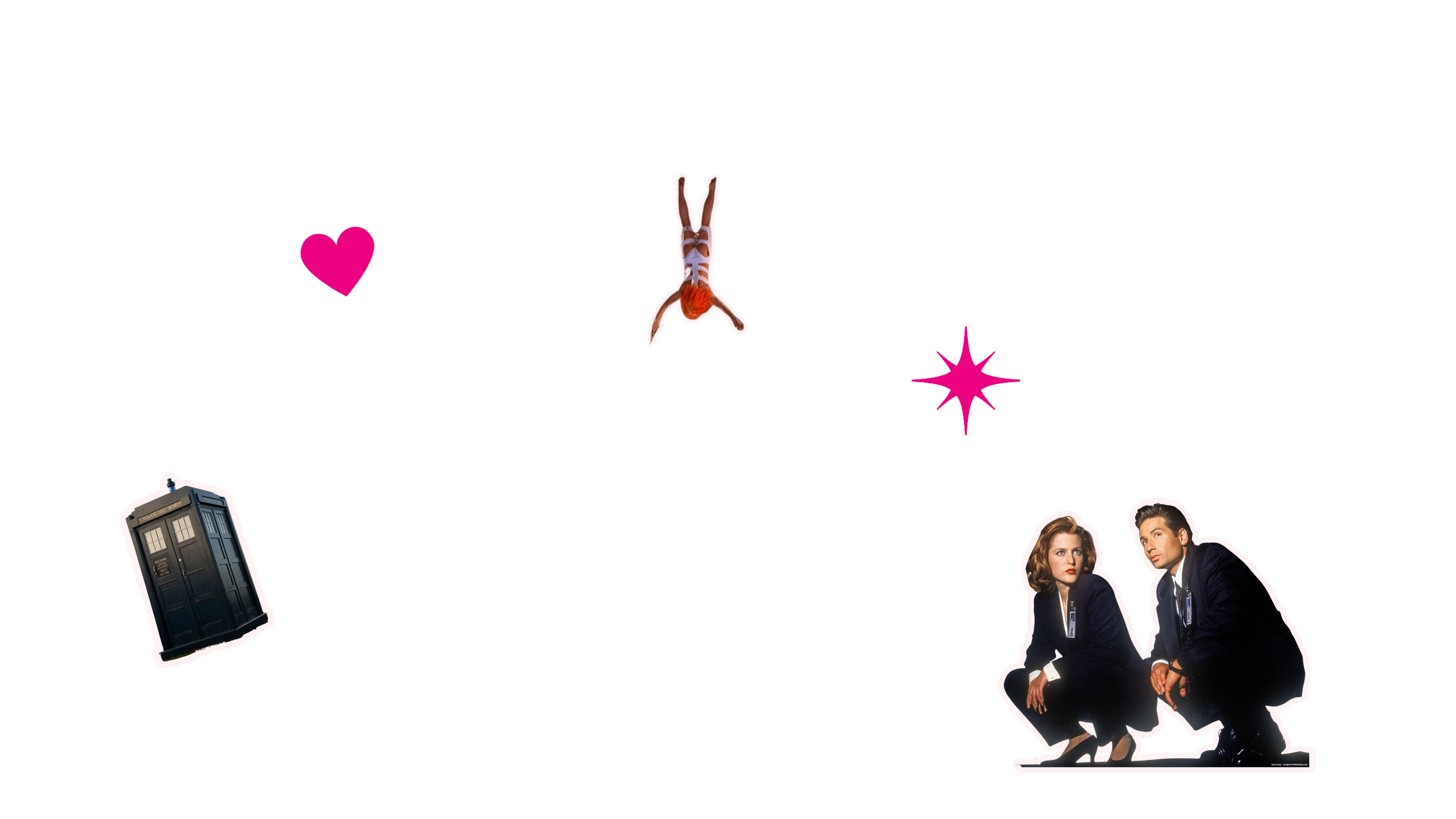 Various icons from left to right: The Doctor's Tardis, a heart, Leeloo diving, a star, Scully and Mulder