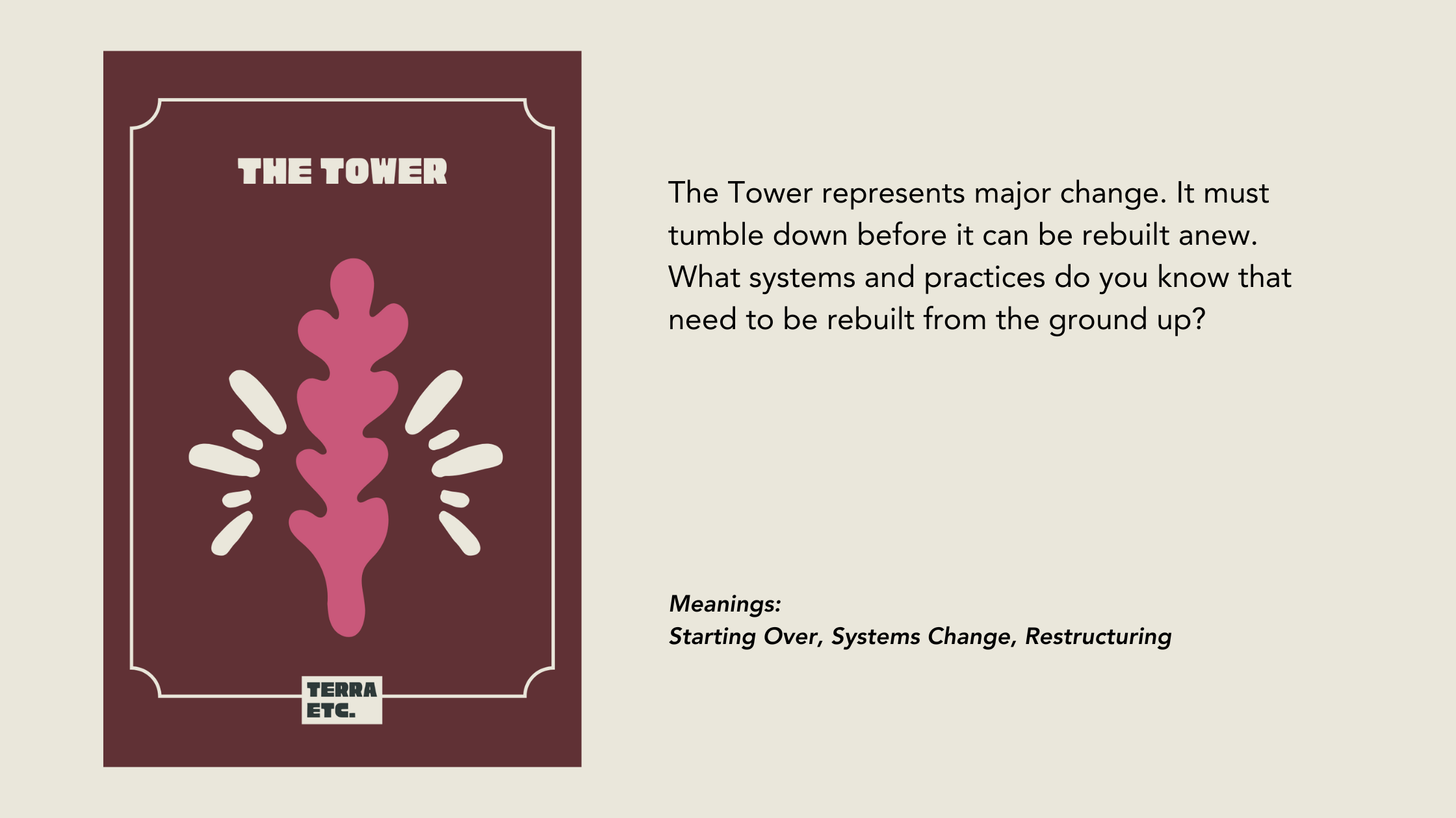Illustration of a pink tower on a dark red background with white accents, with the label "The Tower" at the top and "Terra Etc." at the bottom. To the right, a text discusses the symbolism of the tower in the context of systems and practices needing
